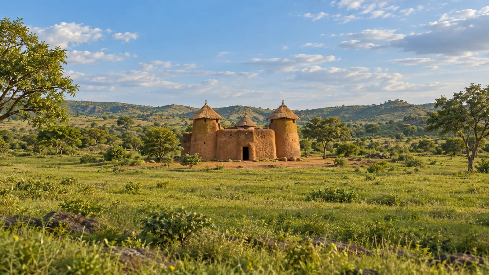 Photo-like illustration inspired by Togo: rounded earthen towers with straw roofs and a low connecting wall amid green savanna and hills.