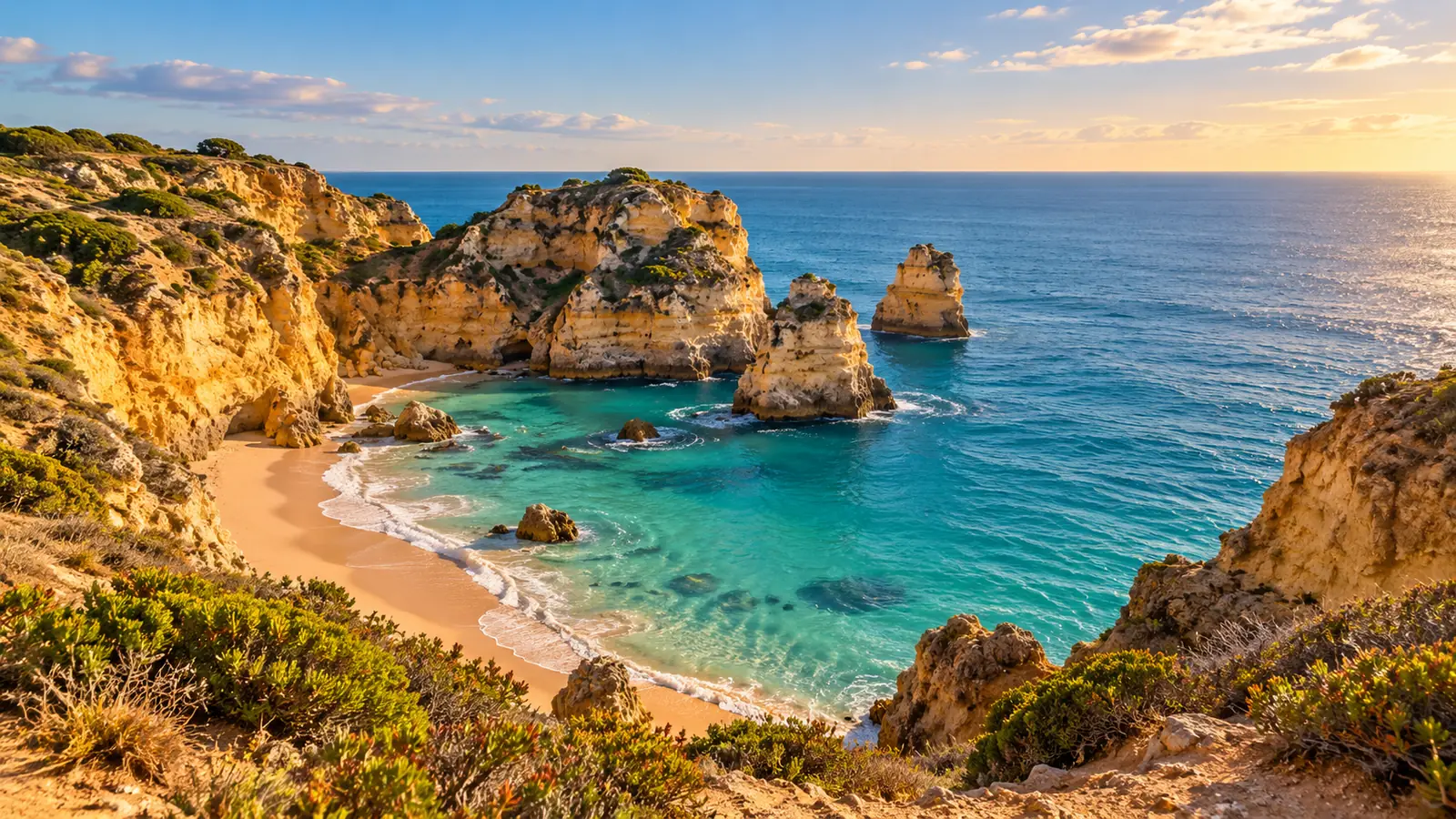 Ilustracja w stylu zdjęcia ochrowych klifów wybrzeża, morskich ostańców skalnych i piaszczystej zatoczki na wybrzeżu Algarve w Portugalii.