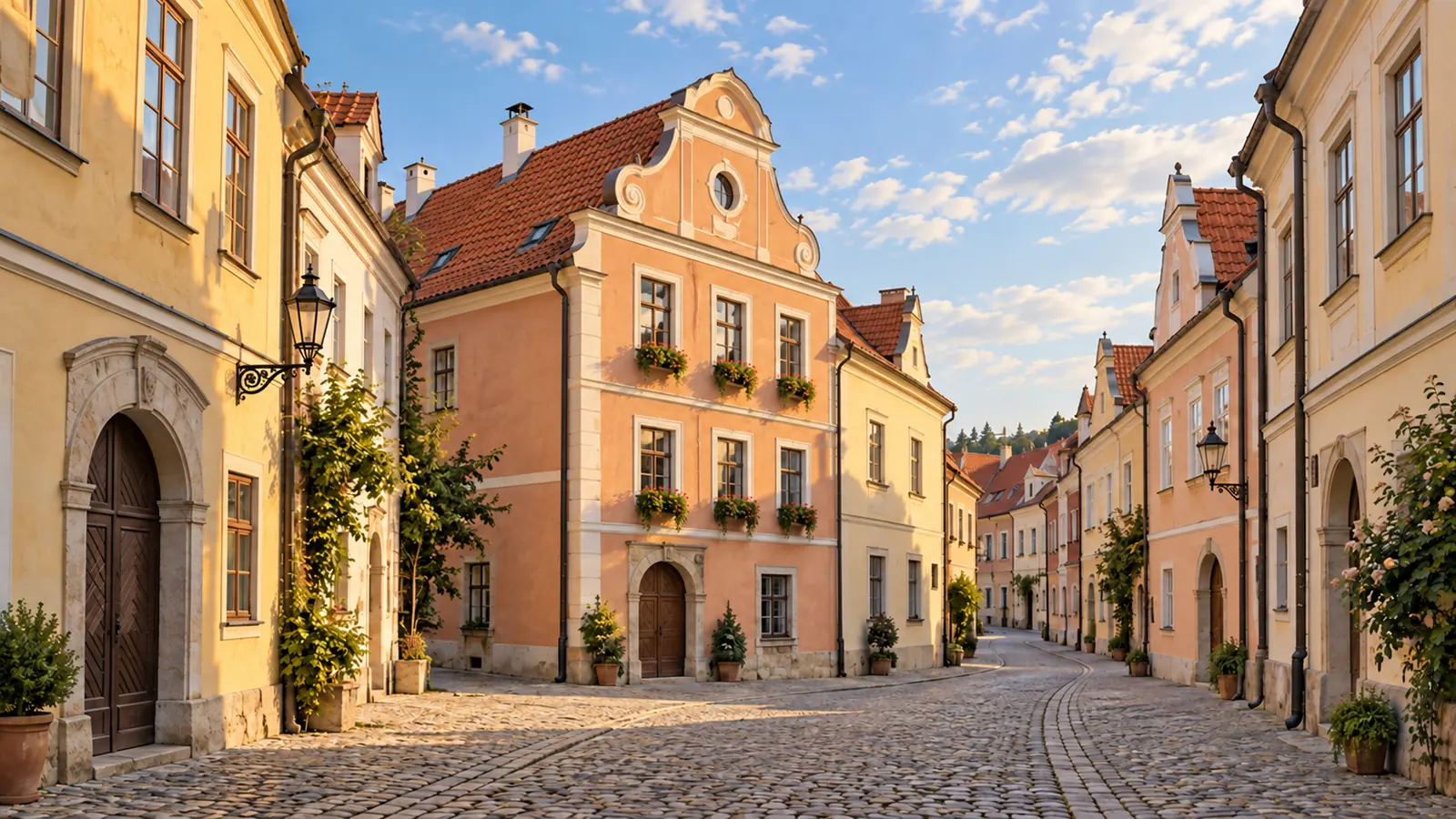 Photo-like illustration of a cobbled lane in a Bohemian old town, with pastel Renaissance and Baroque facades and red-tiled roofs.