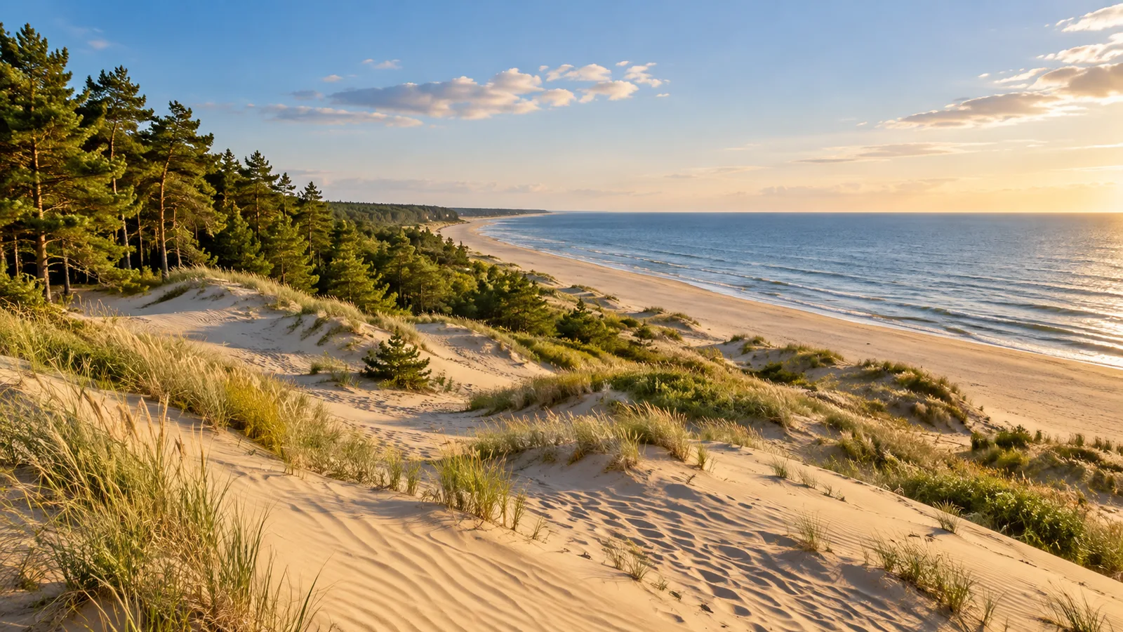 Fotorealistische Illustration nach dem Vorbild der Kurischen Nehrung in Litauen: sanfte Sanddünen, Kiefern und ein Ostseestrand im warmen Licht.