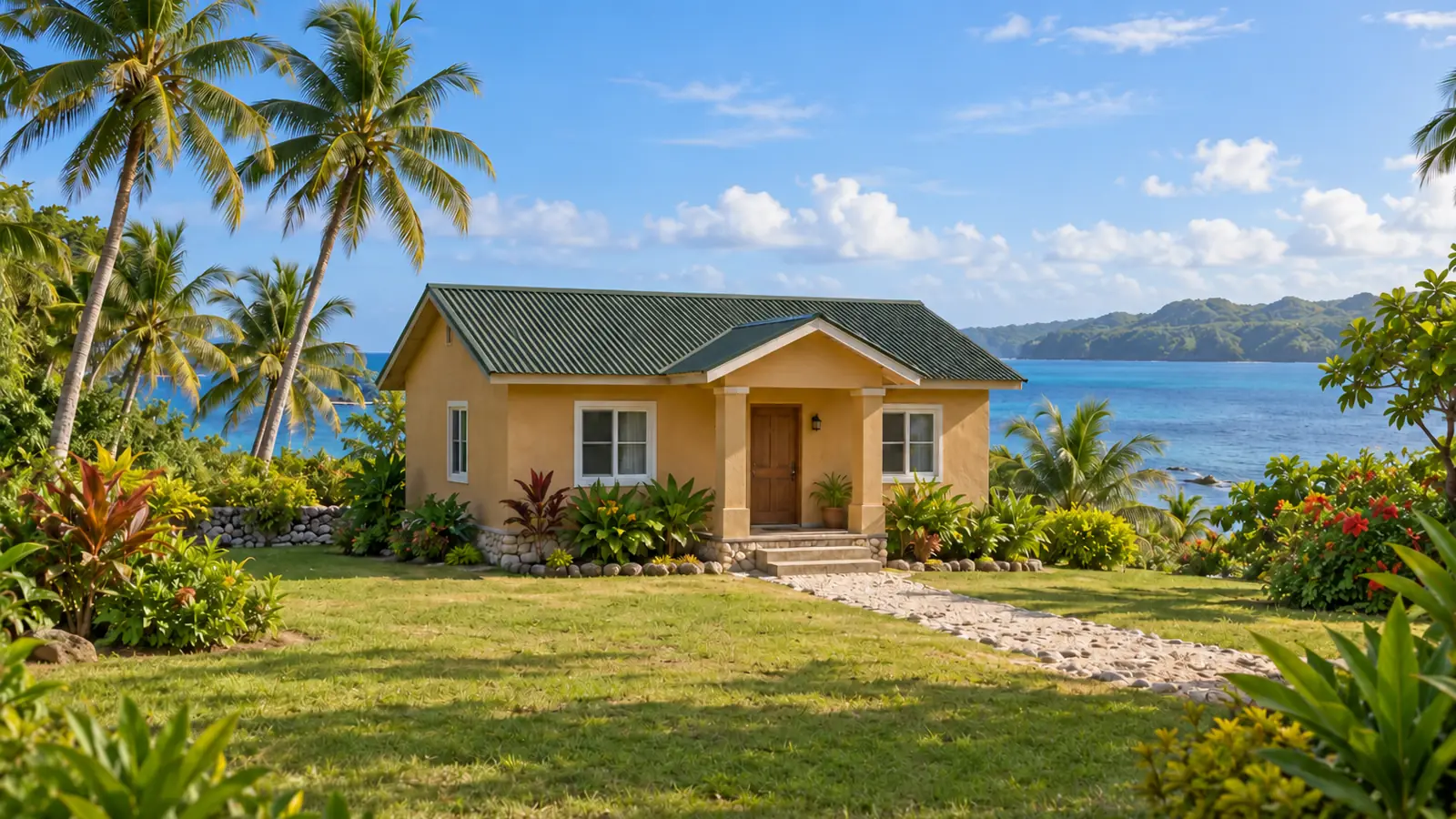 Fotorealistische Illustration, inspiriert von Guam: ein ockerfarbenes Haus mit grünem Metalldach und Steinsockel, tropischem Garten und hellem Steinweg, vor einer blauen Bucht und niedriger grüner Küste.