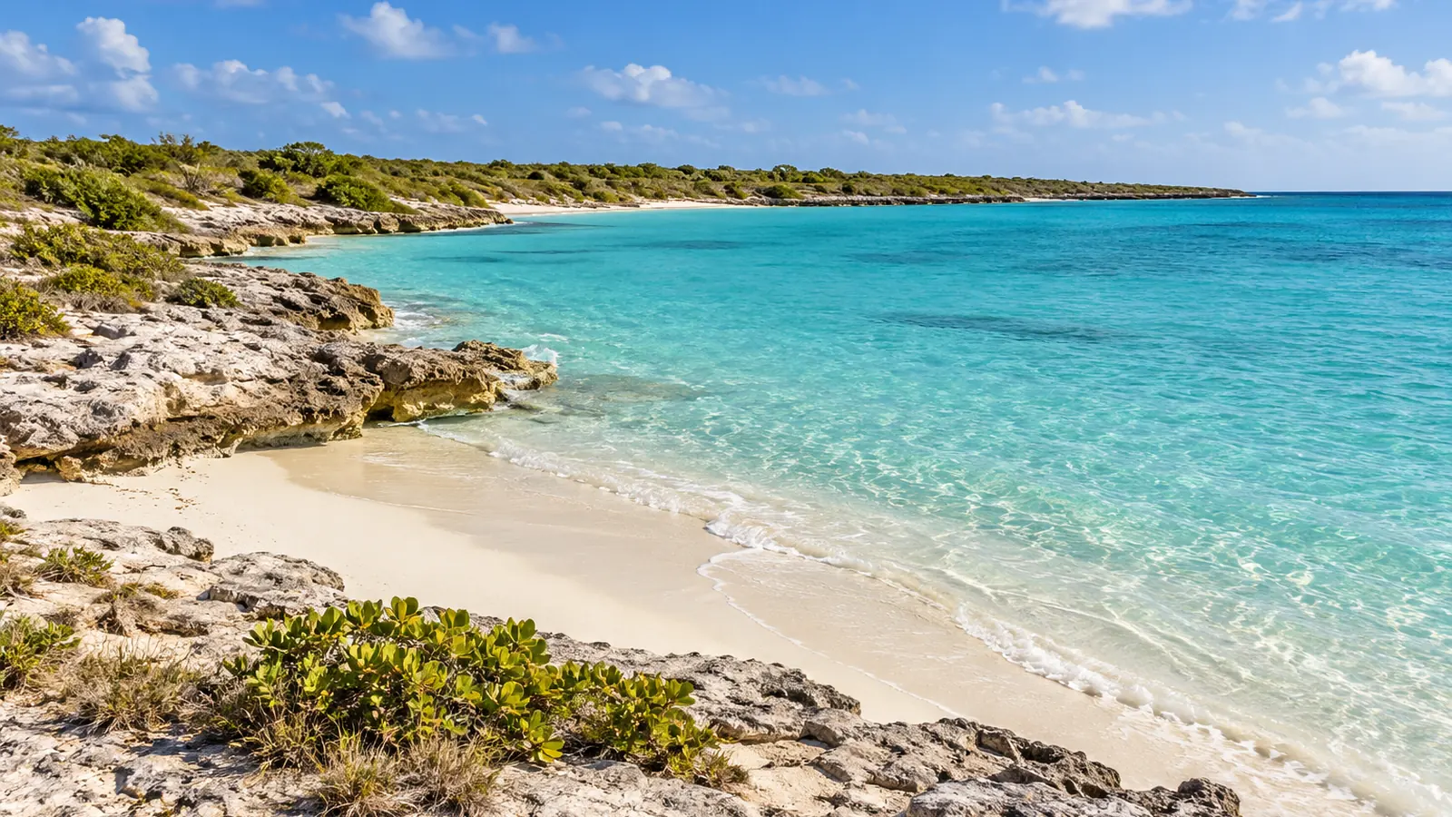 Illustration réaliste inspirée des îles Turques-et-Caïques : une crique de sable clair, des rochers calcaires bas et des arbustes côtiers au bord d’eaux turquoise peu profondes.