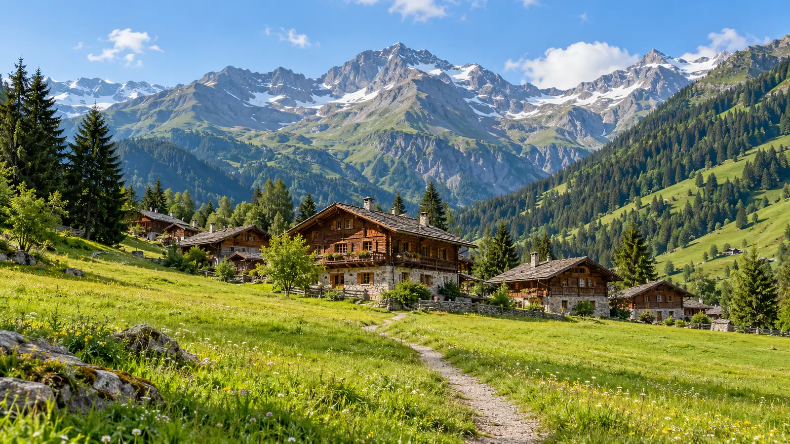 Photo-like illustration of wooden chalets in a green Swiss Alpine valley beneath rugged mountain peaks.