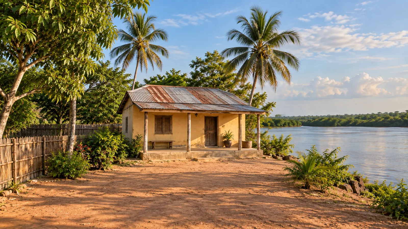 Ilustración realista inspirada en Gambia: una casa sencilla de color ocre con tejado metálico y porche sombreado, patio de arena, palmeras y una vista parcial de un río tranquilo.
