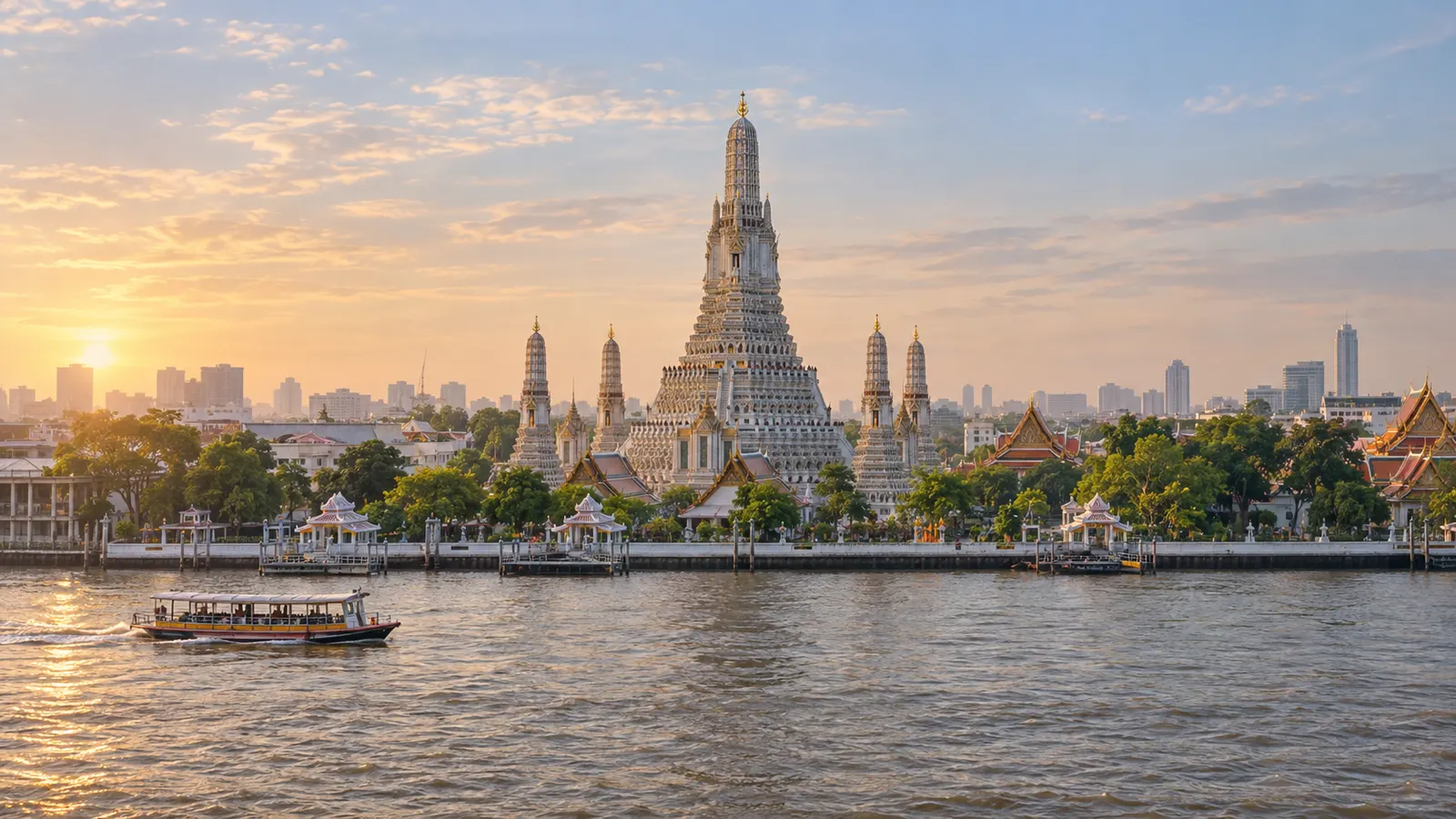 Illustration of Wat Arun beside Bangkok's Chao Phraya River at sunrise.