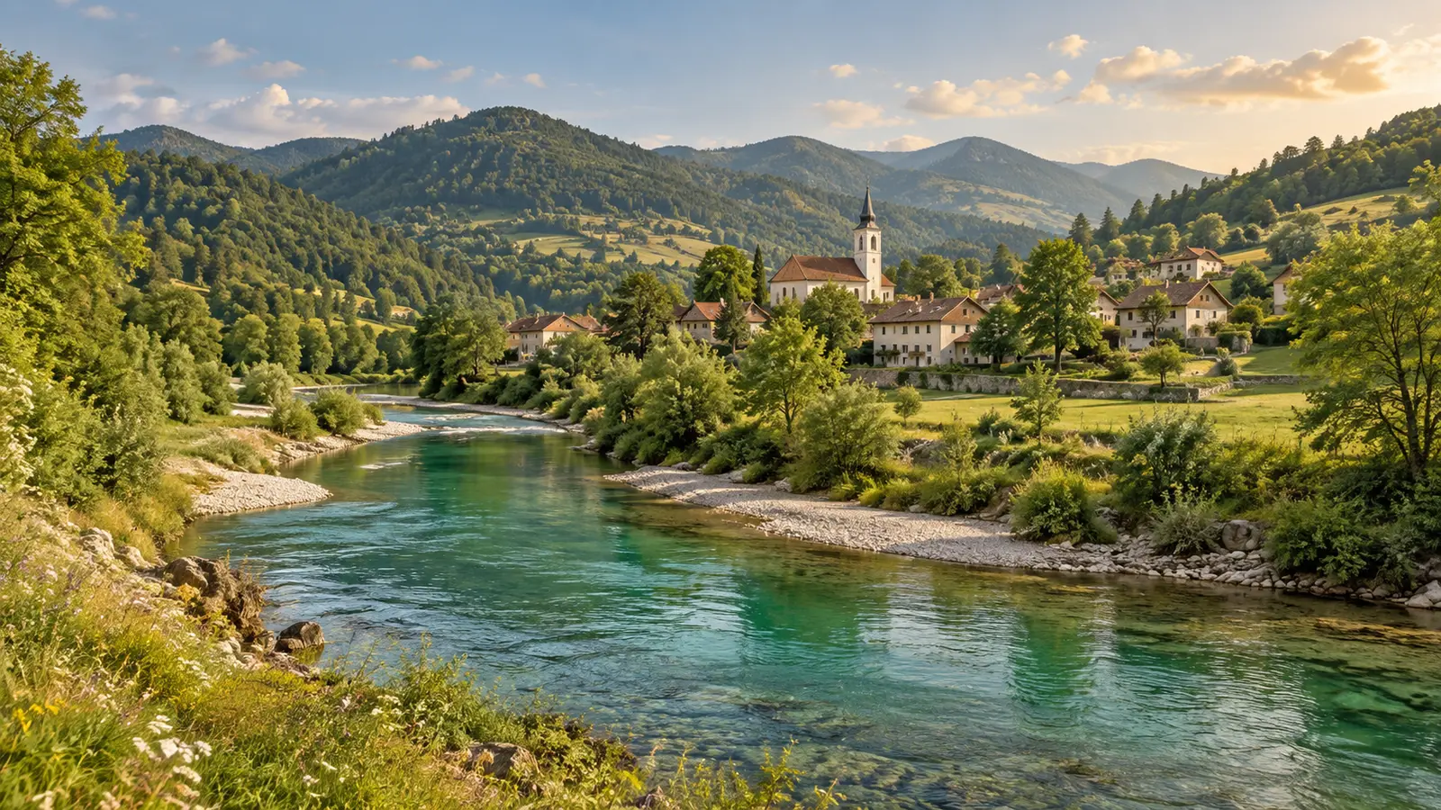 Illustrazione in stile fotografico ispirata alla Slovenia: un fiume color smeraldo accanto a un villaggio con case chiare e una chiesa, con colline verdi sullo sfondo in una luce calda.
