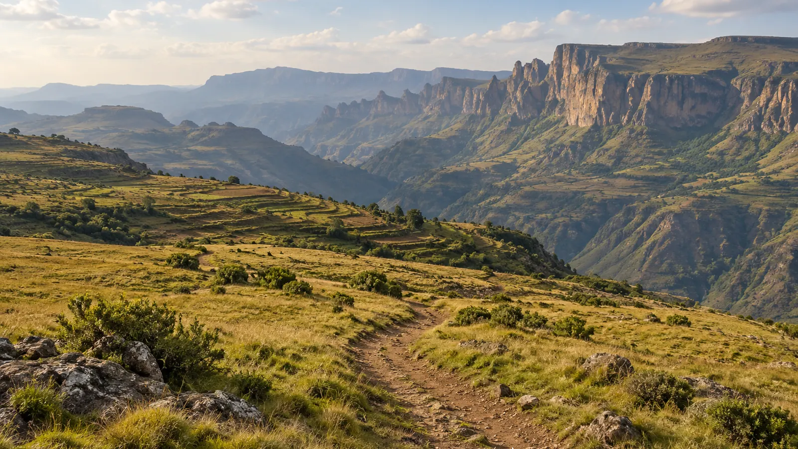 Photo-like illustration inspired by Ethiopia’s Simien highlands: a winding earth path through grassy slopes, contour terraces, rocky escarpments and hazy distant ridges in warm daylight.