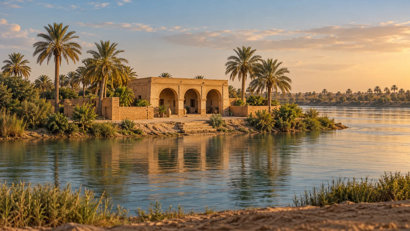 رسم يشبه الصورة مستوحى من العراق: فناء من الطوب بلون المغرة، ورواق بثلاثة أقواس بجانب نهر هادئ، وتحيط بالفناء أشجار نخيل التمر في ضوء دافئ.