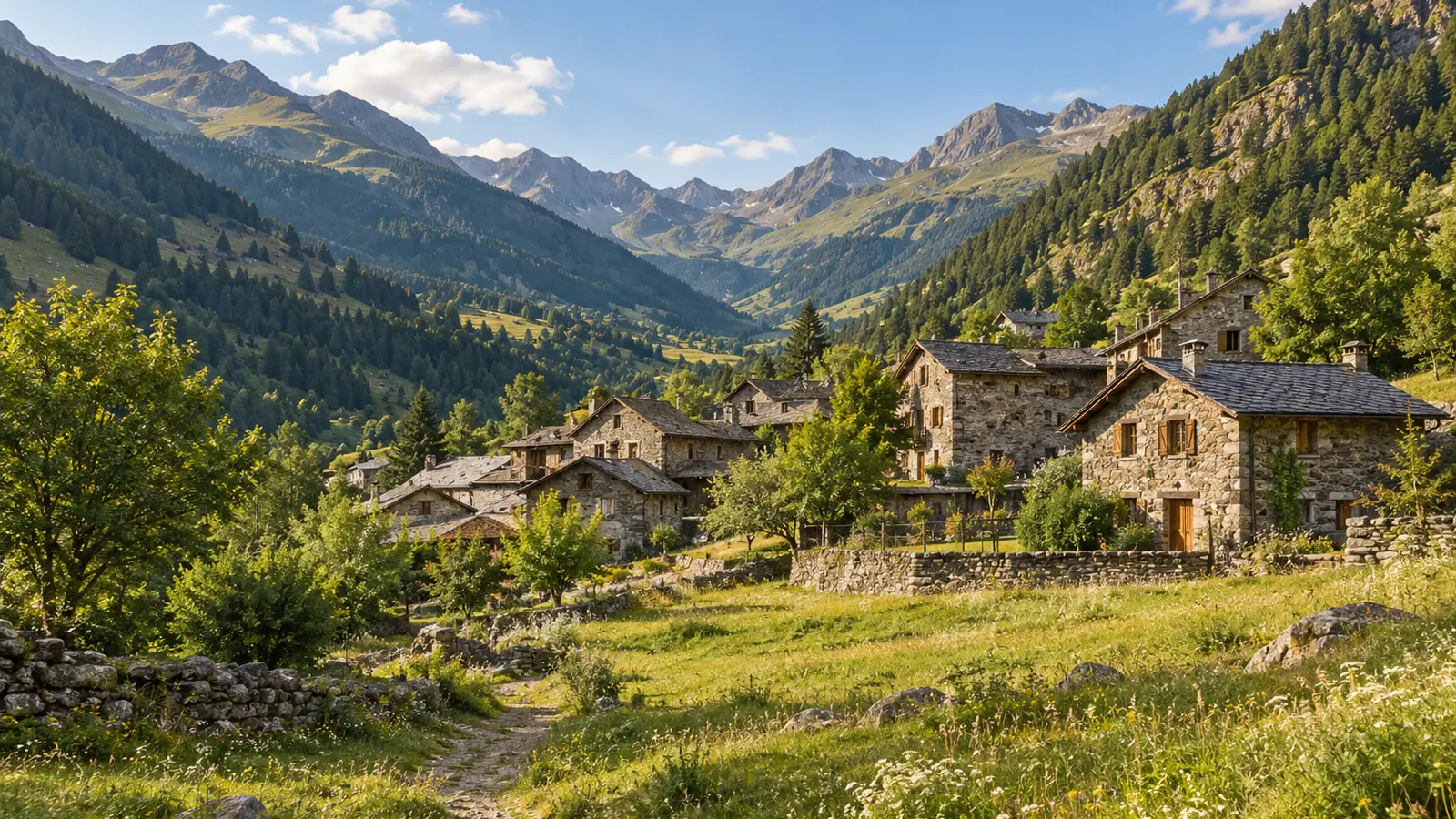 Illustrazione in stile fotografico ispirata all'Andorra: un villaggio di pietra con tetti in ardesia, prati verdi e montagne boscose in una valle pirenaica, con luce calda.