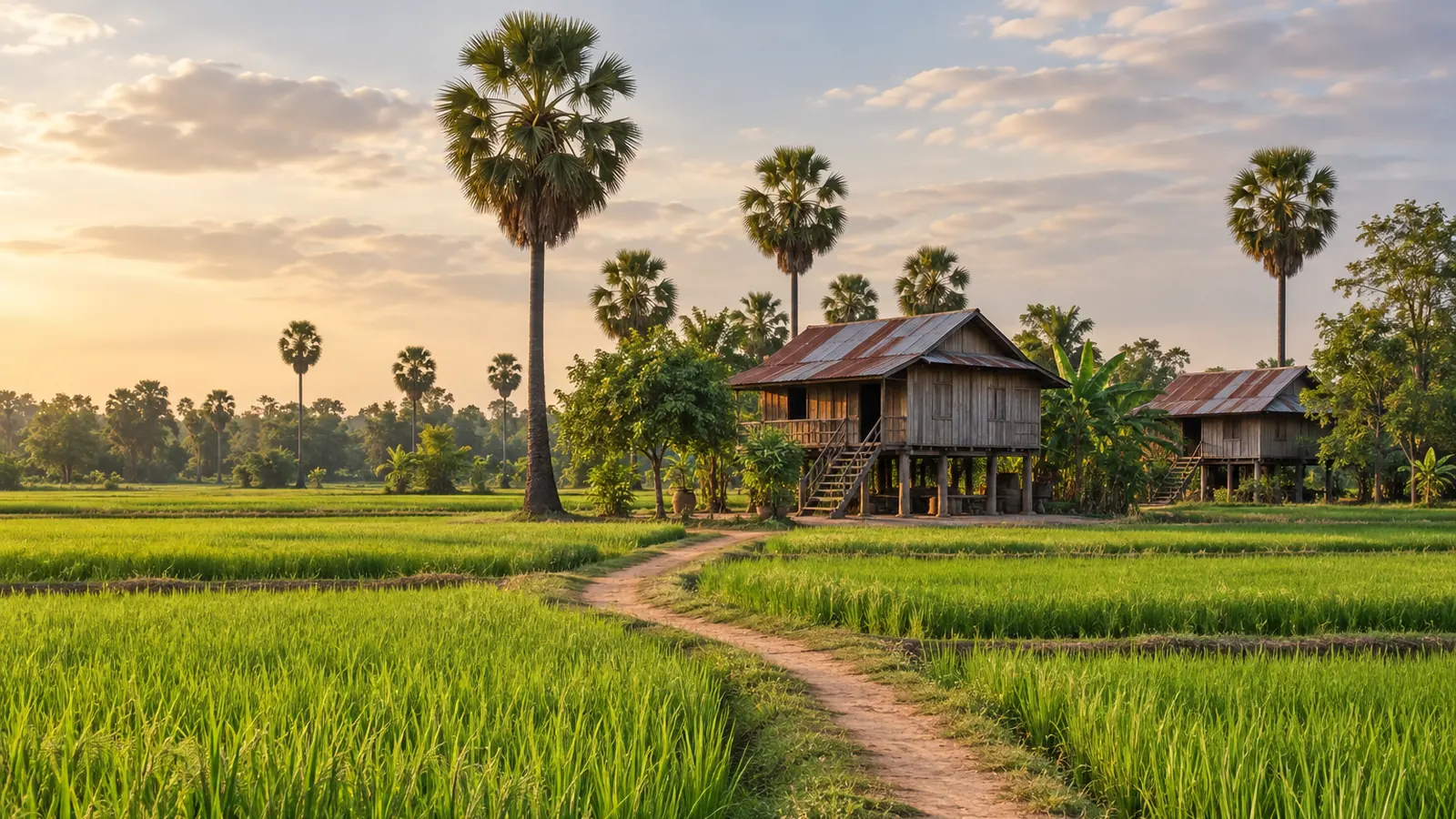 Ilustración realista inspirada en la Camboya rural: arrozales verdes, palmeras de azúcar, un camino de tierra sinuoso y una casa de madera sobre pilotes bajo una luz cálida.