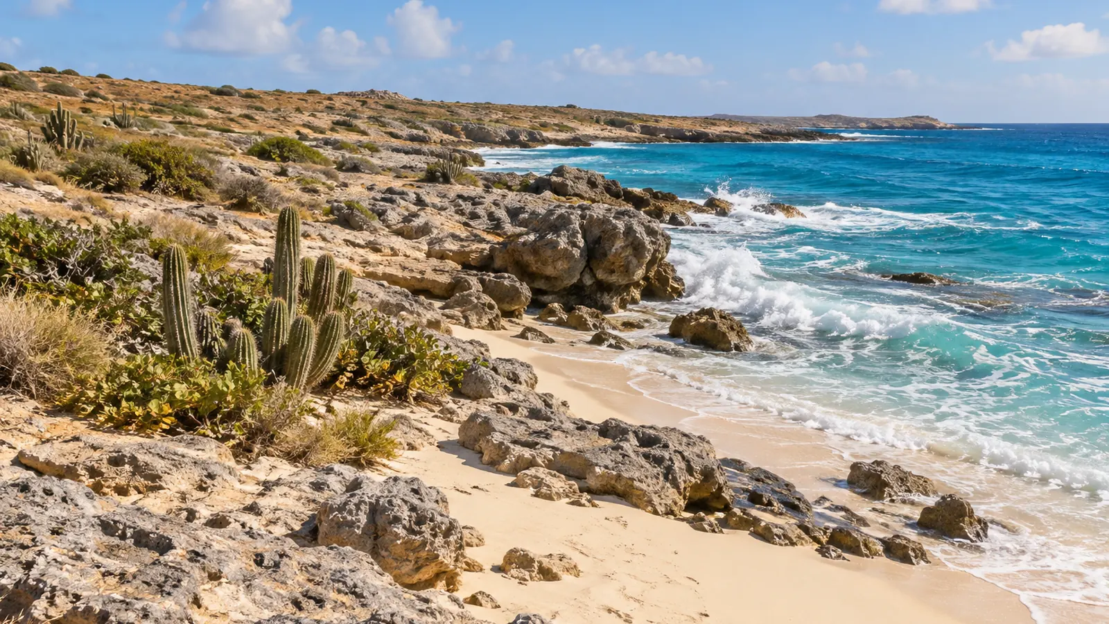 Photo-like illustration inspired by Aruba: a pale sand pocket among weathered coastal rocks, low cacti and scrub beside blue water with white surf in warm light.