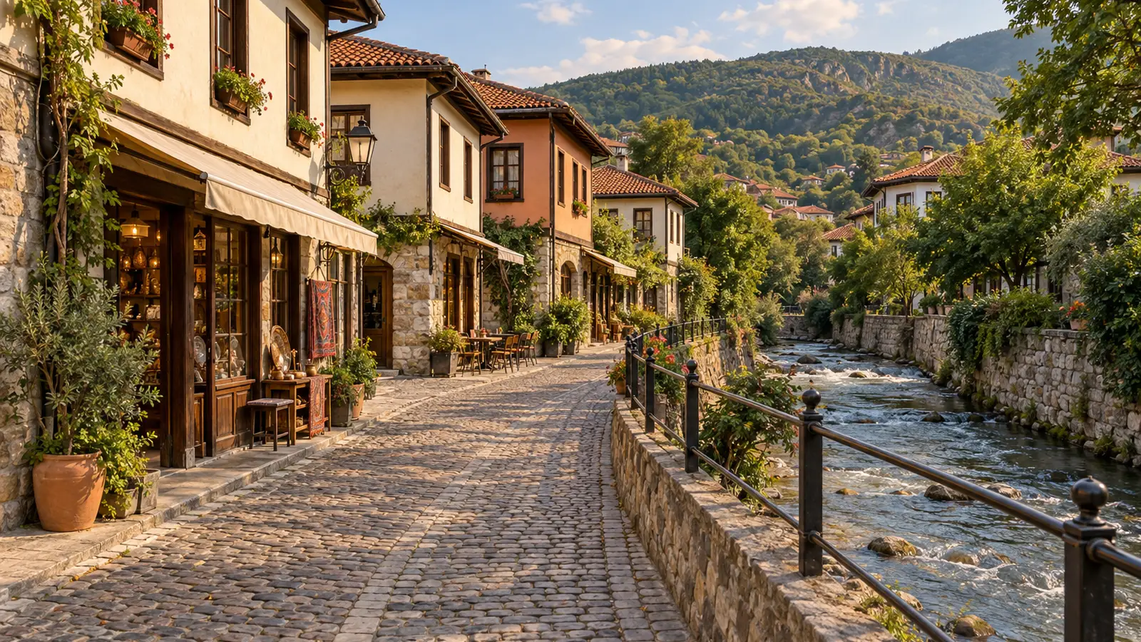 Illustrazione in stile fotografico ispirata a Prizren: un vicolo acciottolato, case in pietra chiara e intonaco chiaro con tetti rossi, vetrine di negozi e un fiume poco profondo sotto colline boscose.