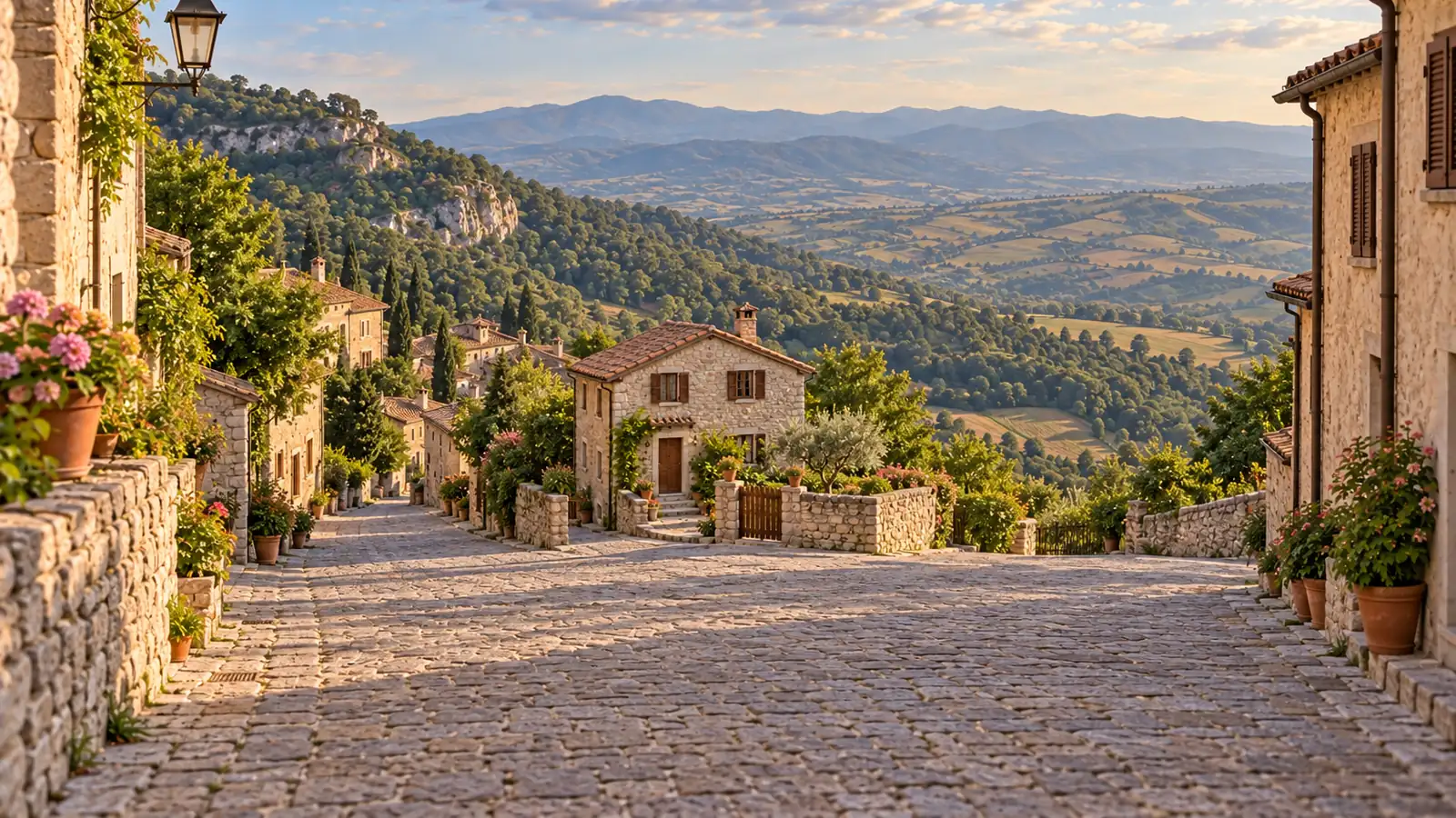 Photo-like illustration inspired by San Marino: a small stone home with brown shutters and a terracotta roof, steps, a walled garden and wooden gate, a paved town lane, wooded slopes and rolling hills beyond.