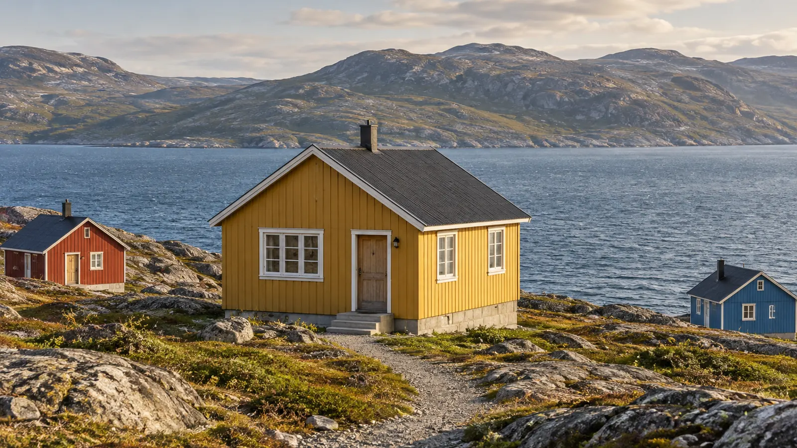Illustrazione in stile fotografico ispirata alla costa della Groenlandia: una casa in legno ocra su terreno roccioso con basse piante di tundra, un sentiero di ghiaia, acque blu del fiordo e creste arrotondate.