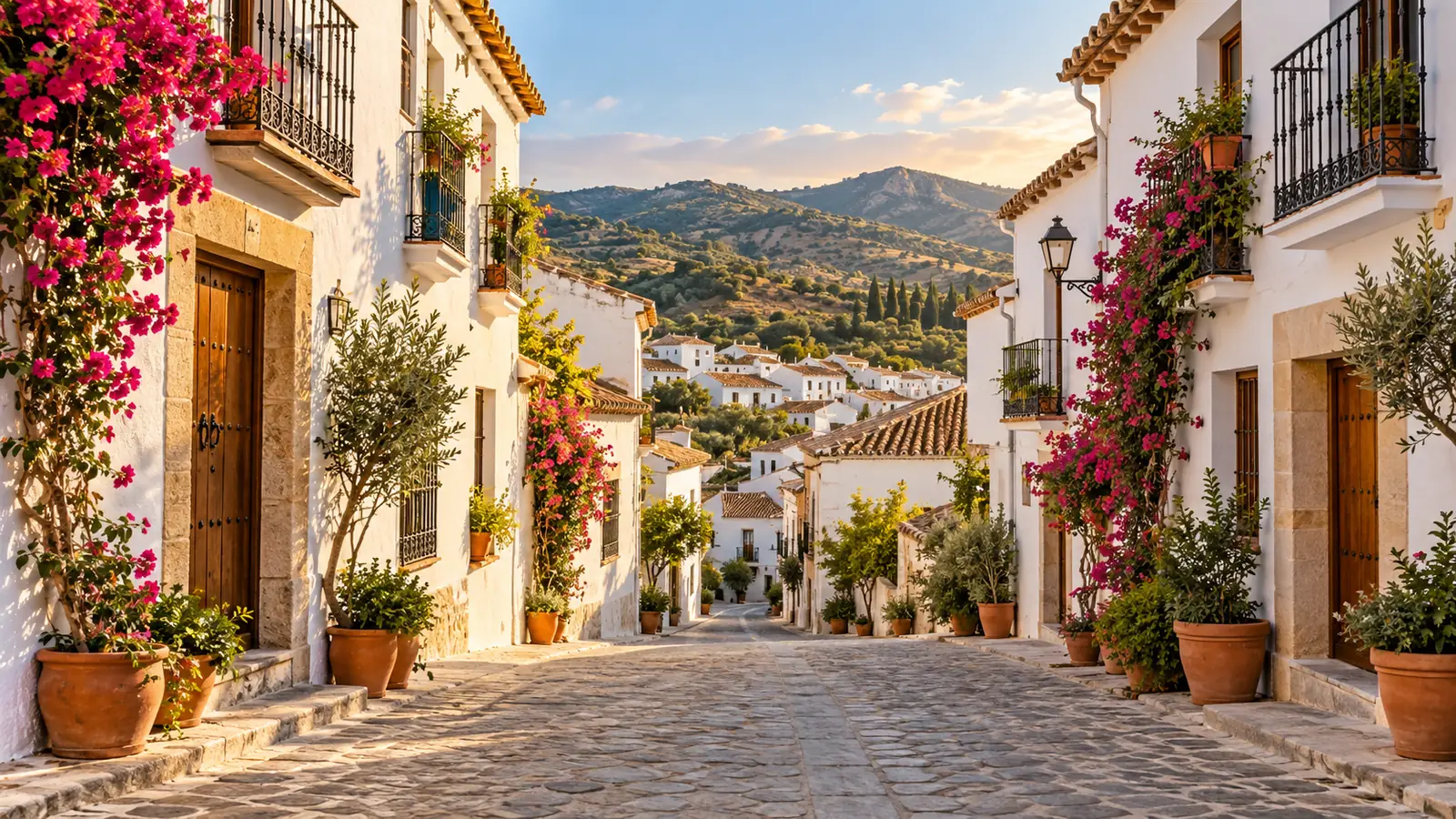 Fotorealistische Illustration einer Gasse in einem weißen Dorf Andalusiens mit Ziegeldächern, blühenden Pflanzen und Hügeln im Hintergrund.
