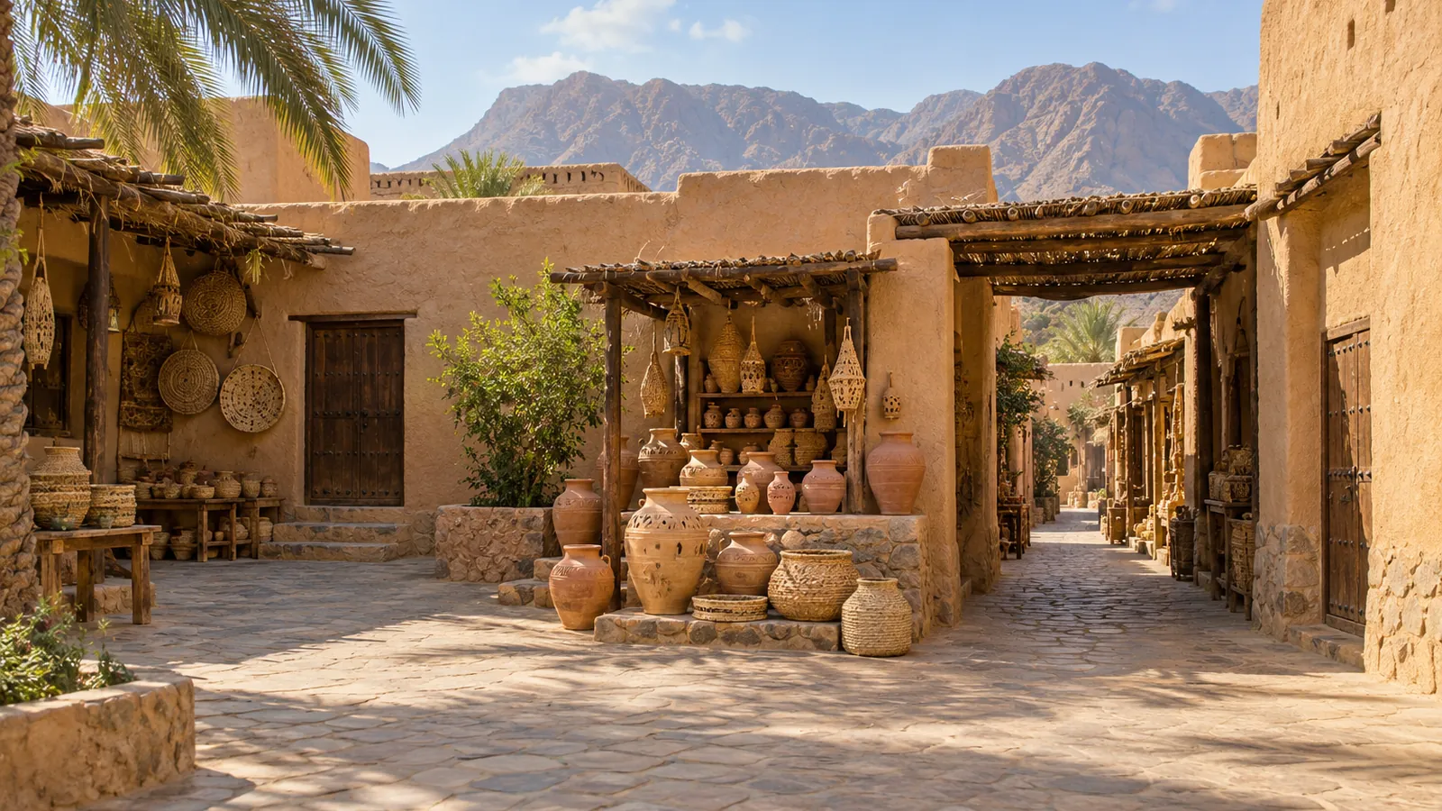 Illustrazione in stile fotografico ispirata a Nizwa: un cortile di mercato in terra battuta con ceramiche, cestini intrecciati e montagne rocciose in luce calda.