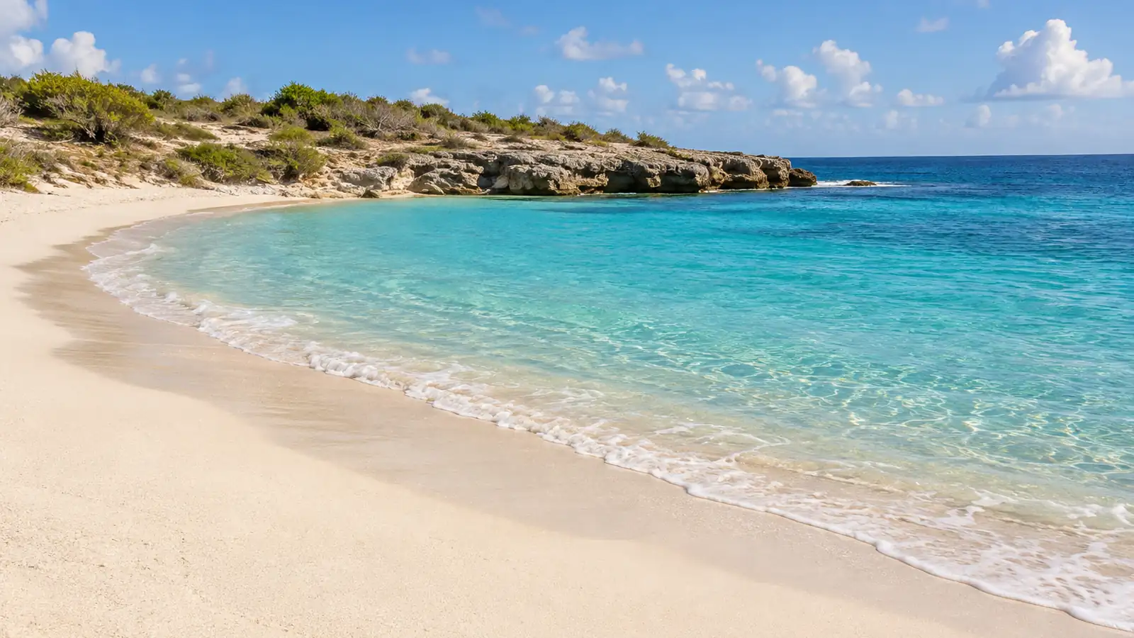 Illustrazione ispirata ad Anguilla di una baia di sabbia chiara, acqua turchese, bassi affioramenti di calcare e arbusti costieri radi.