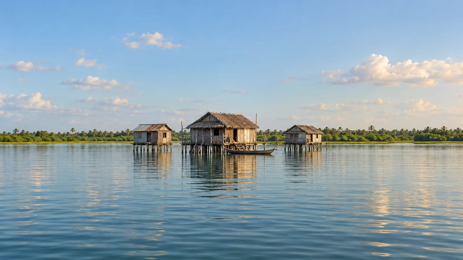 Fotorealistische Illustration nach dem Vorbild von Benin: hölzerne Pfahlhäuser und ein schmales Kanu auf ruhigem Lagunenwasser vor einem grünen Ufer im warmen Licht.