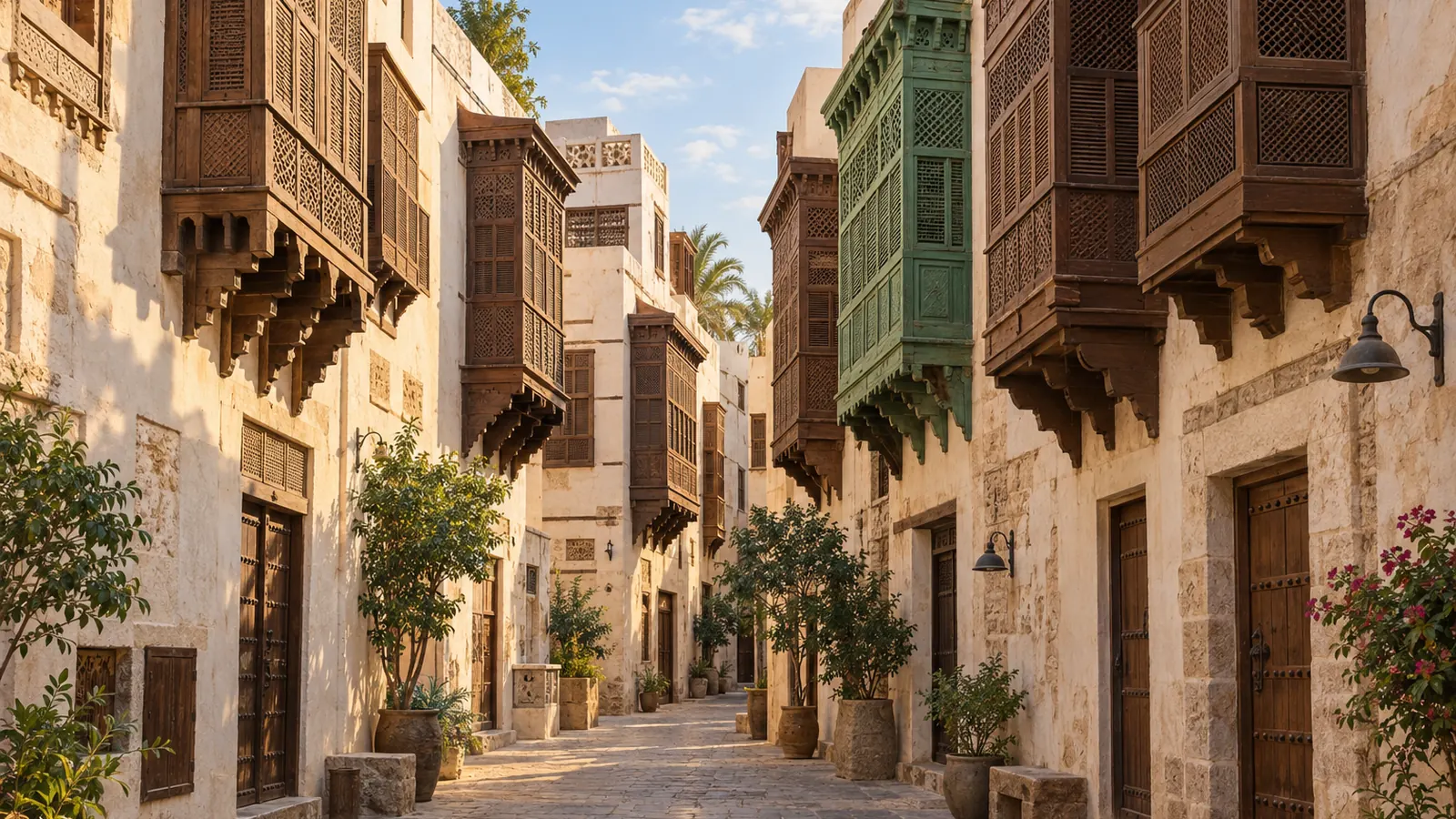 رسم شبه واقعي مستوحى من حي البلد في جدة: ممر مرصوف بين منازل من الجص الفاتح مع نوافذ خشبية شبكية بارزة في ضوء دافئ.