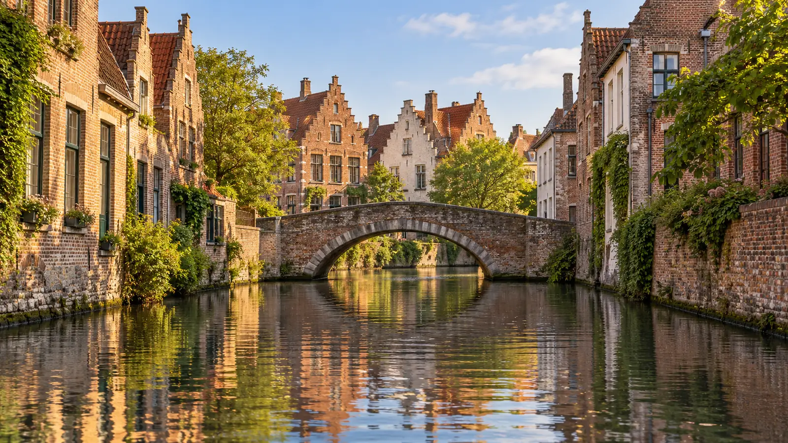 Photo-like illustration inspired by Bruges: a canal with stepped-gable brick houses and a small arched bridge in warm light.