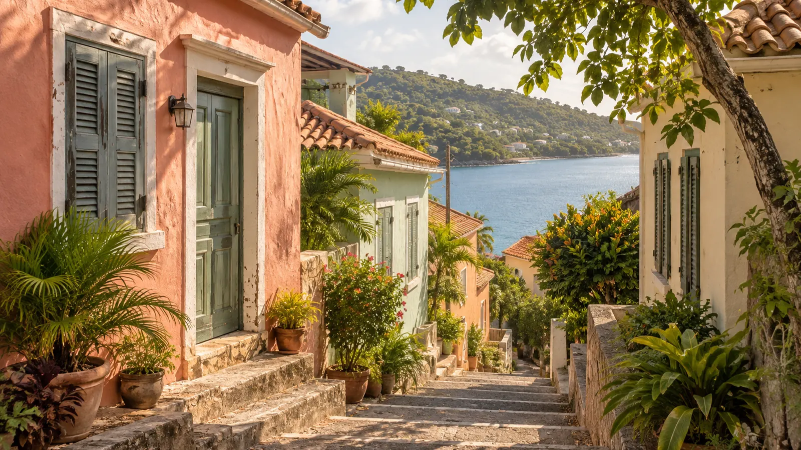 Photo-like illustration inspired by St. George’s, Grenada: pastel houses with wooden shutters and tiled roofs, stone steps, leafy shade and a blue bay.
