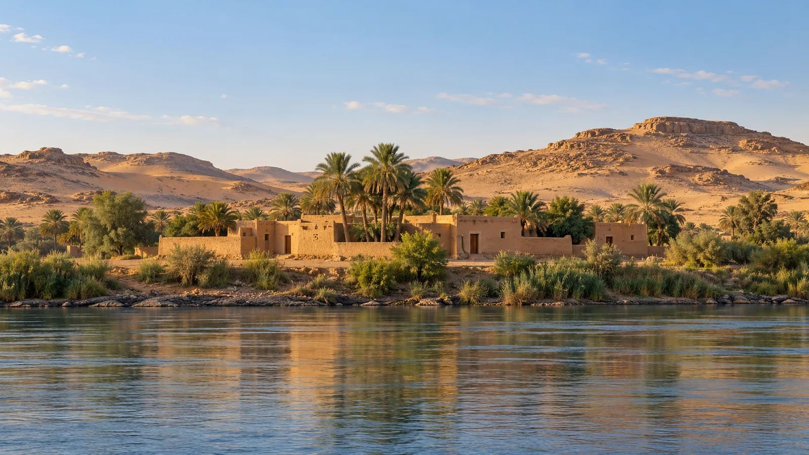 رسم شبه فوتوغرافي مستوحى من وادي النيل النوبي في السودان: نهر هادئ، أشجار نخيل التمر، بيوت طينية منخفضة وتلال صخرية جافة تحت ضوء دافئ.
