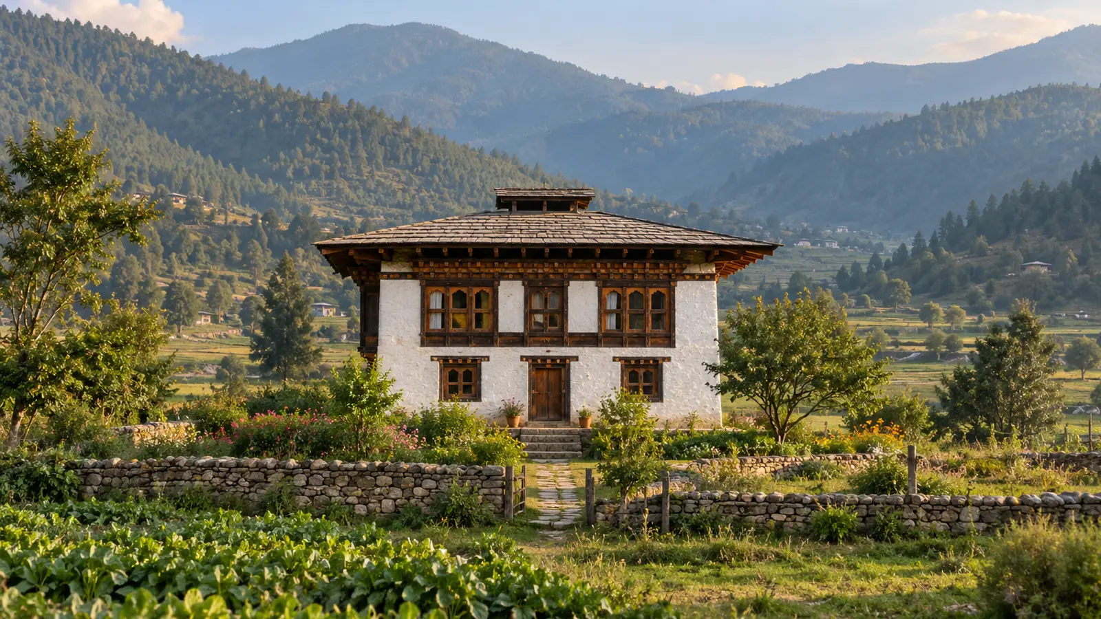 Photo-like illustration inspired by Bhutan’s Paro Valley: a white house with dark timber windows and a pitched roof, a stone garden path and green hills in warm light.