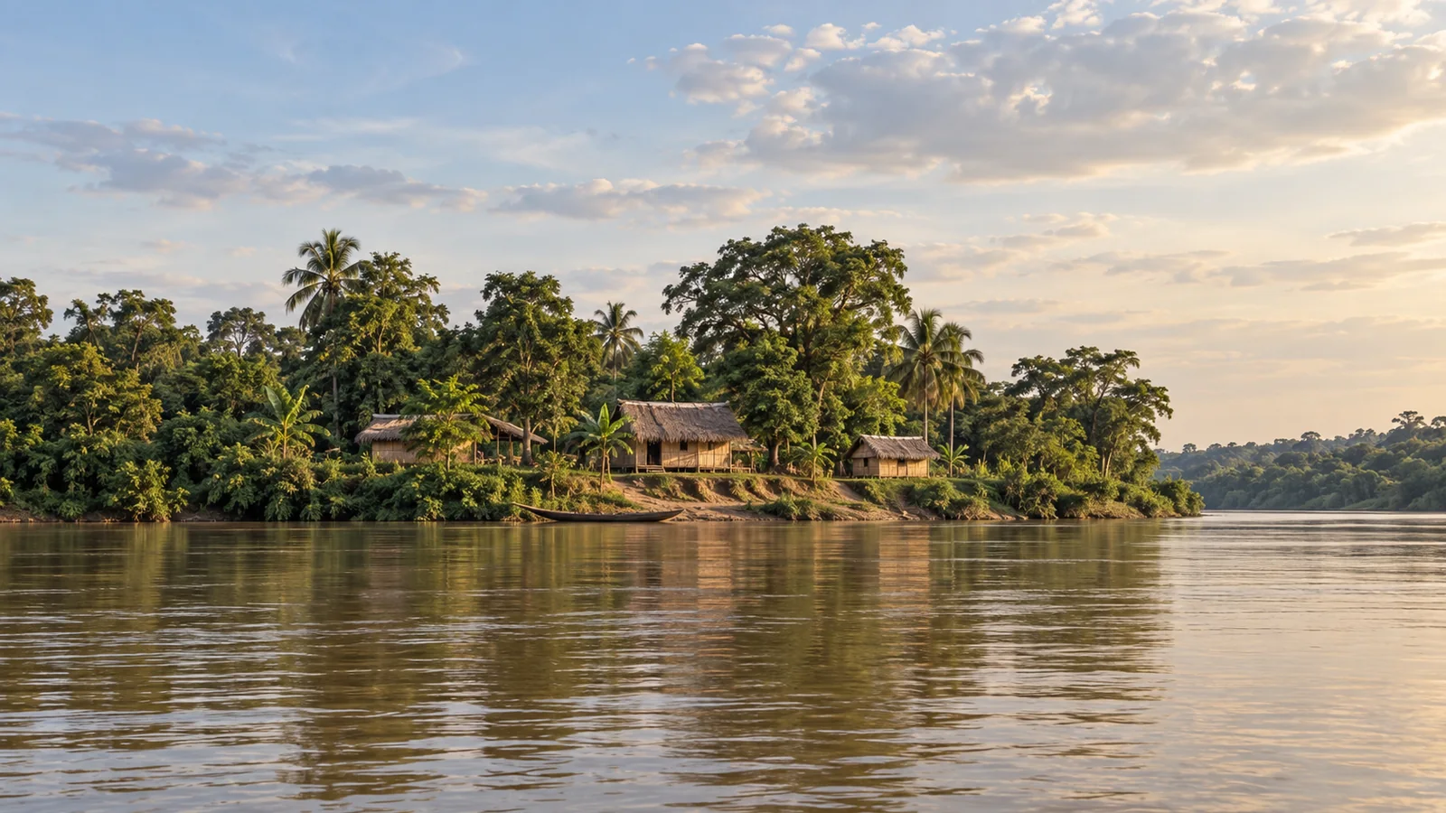 Ilustración realista inspirada en la República Democrática del Congo: un río ancho, una orilla boscosa, pequeñas casas de madera y una canoa bajo una luz cálida.