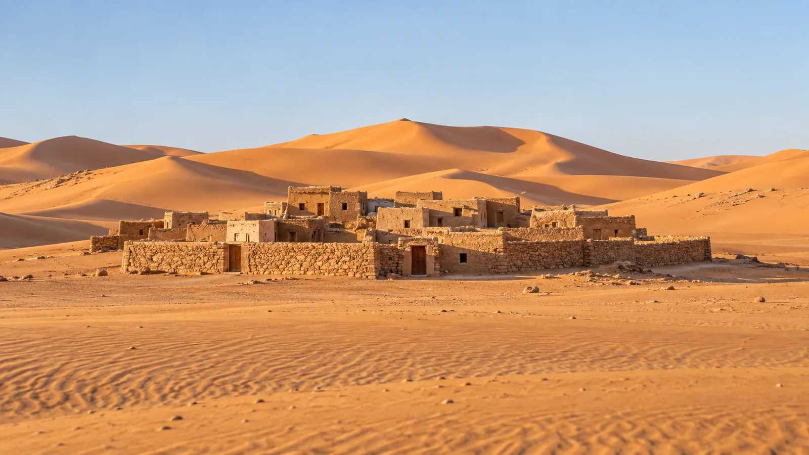 Ilustración realista inspirada en Mauritania: casas bajas de piedra y tierra con tejados planos, dunas doradas y arena ondulada bajo una luz cálida.