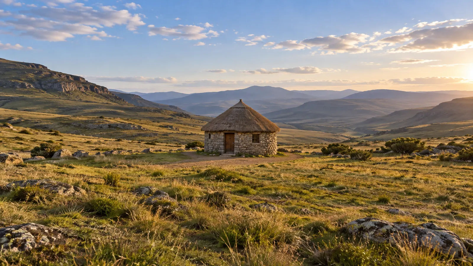 Fotorealistische Illustration nach dem Vorbild Lesothos: ein kleines rundes Steinhaus mit kegelförmigem Strohdach und Holztür, ein grasbewachsener Hof, verstreute Felsen und gestaffelte Bergrücken.