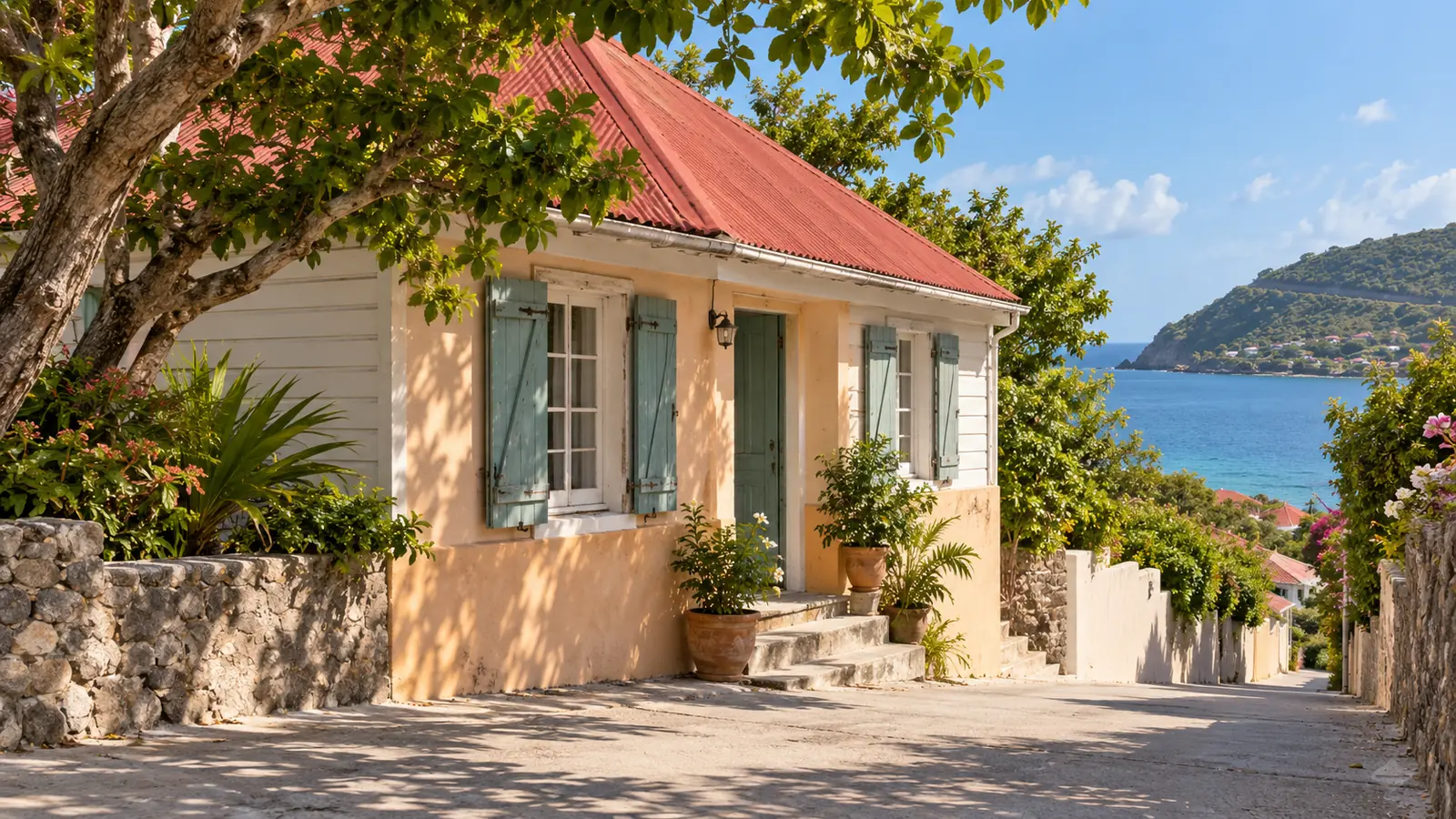 Illustrazione in stile fotografico ispirata a Gustavia, Saint Barthélemy: una modesta casa in legno e intonaco con tetto rosso, una stradina in pendenza, ombra di alberi frondosi e uno scorcio dell'acqua blu della baia.