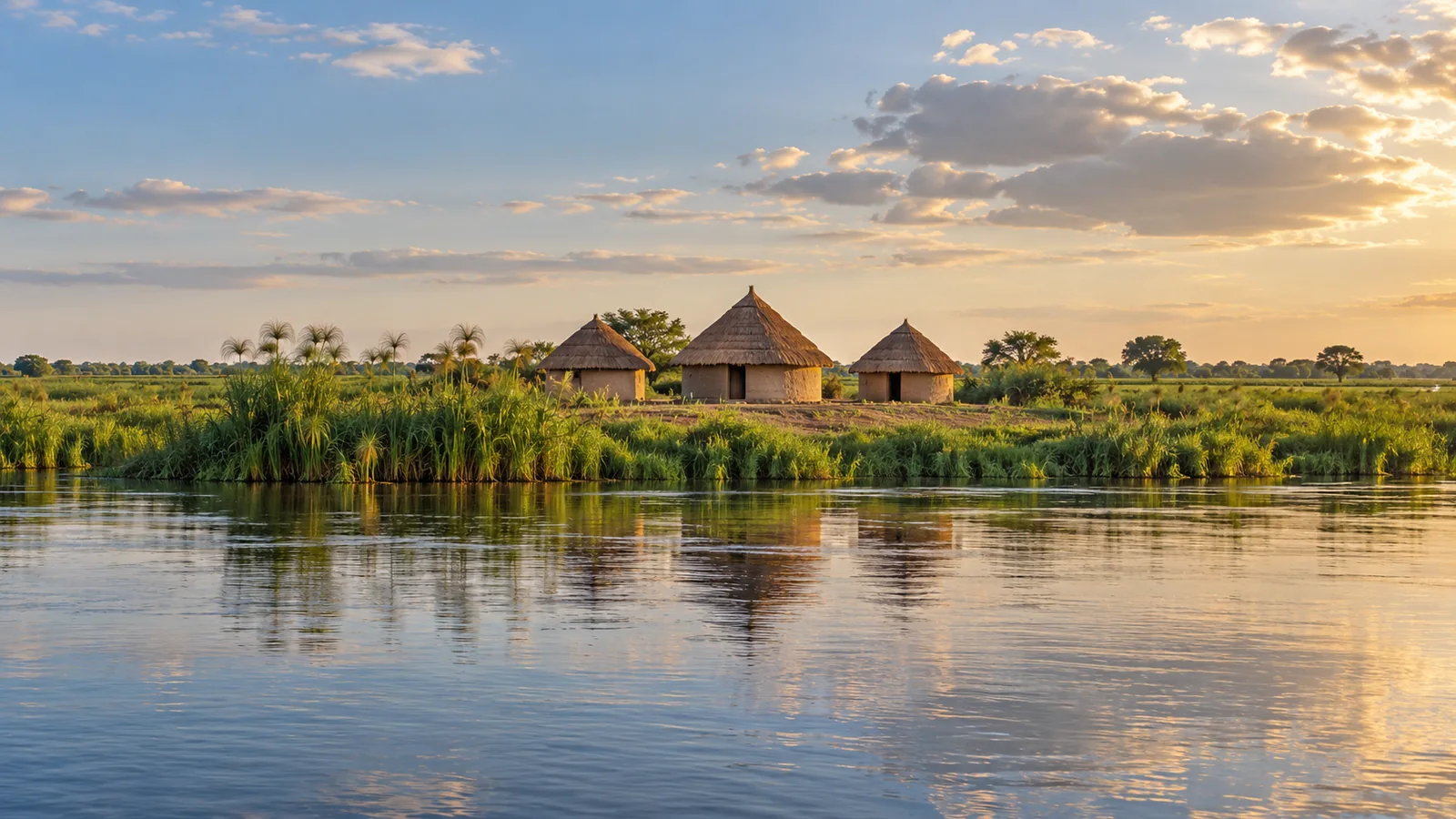 Illustrazione in stile fotografico ispirata al Sud Sudan: un fiume calmo, canne di papiro e tre capanne rotonde in terra battuta con tetti conici di paglia, in una luce calda.