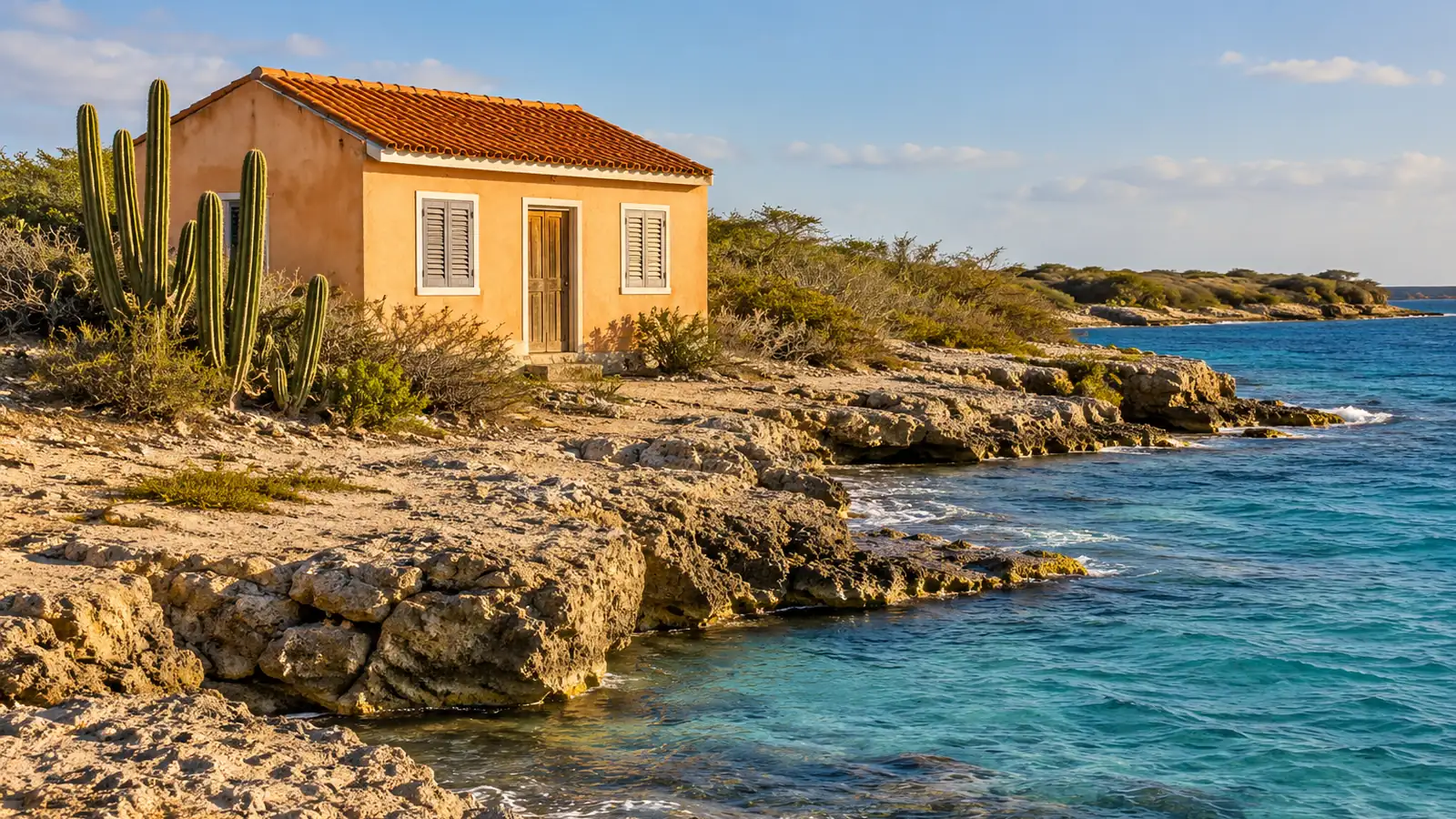 Ilustración inspirada en Bonaire con una pequeña casa color albaricoque, cactus erguidos y arbustos bajos junto a rocas costeras erosionadas y agua azul.