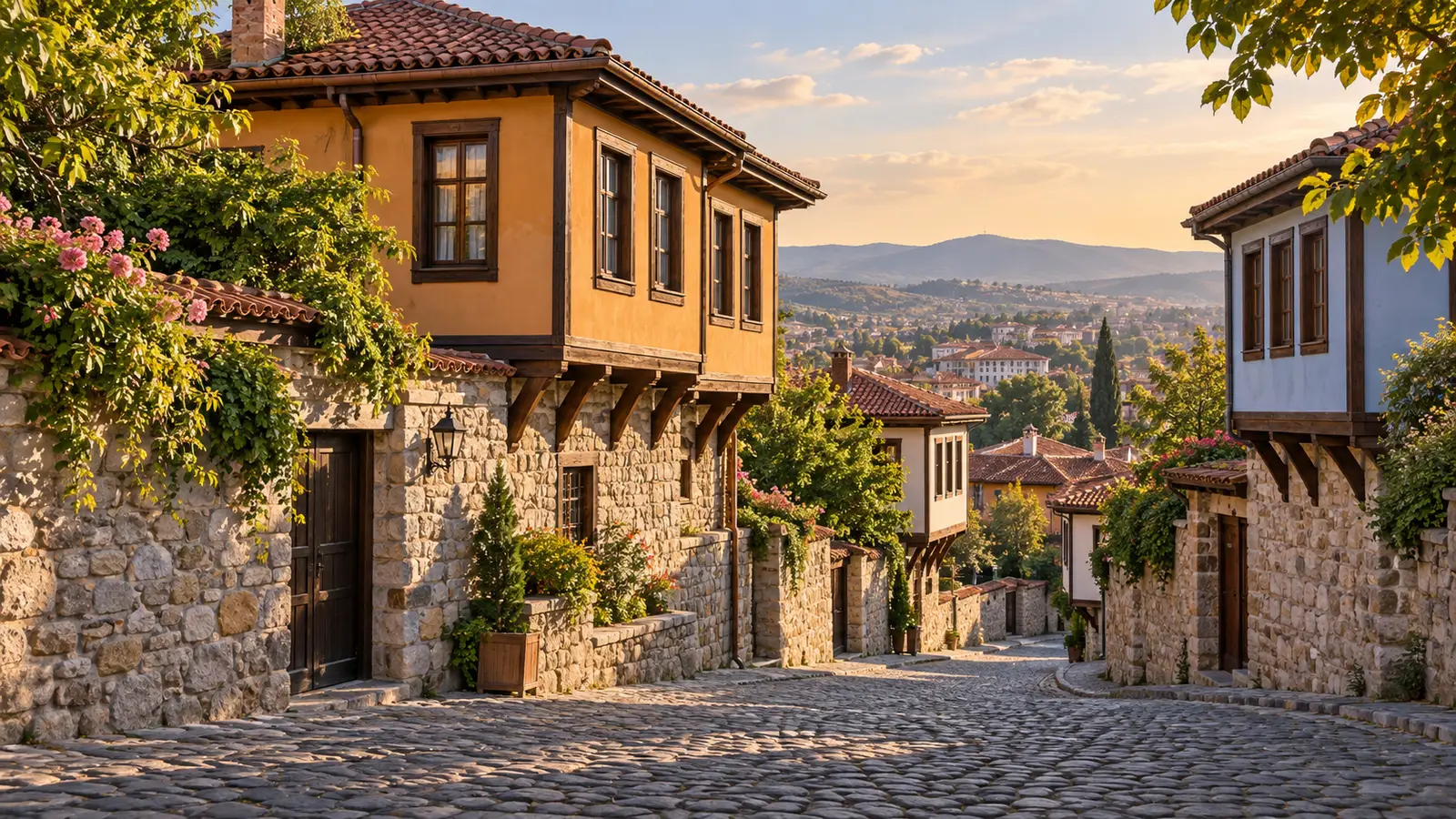 Ilustración realista inspirada en Plovdiv: casas en una colina con bases de piedra y tejados de teja roja junto a una calle empedrada bajo una luz cálida.