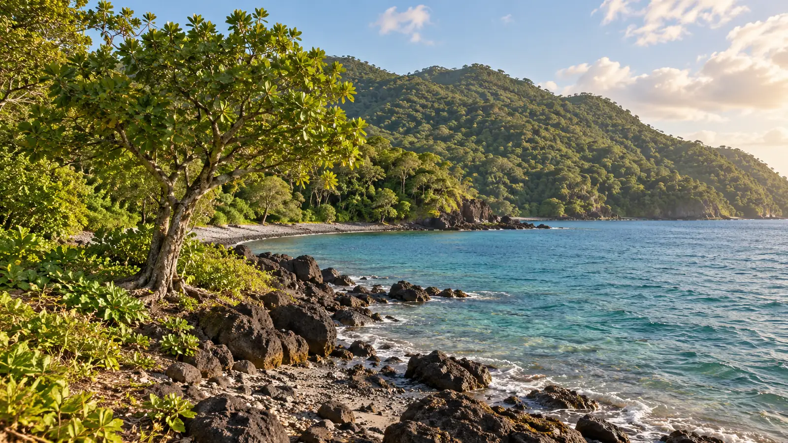 Illustrazione in stile fotografico ispirata a Dominica: un albero costiero frondoso accanto a rocce scure, acqua di baia blu-verde e colline tonde ricoperte di foresta sotto una luce diurna calda.