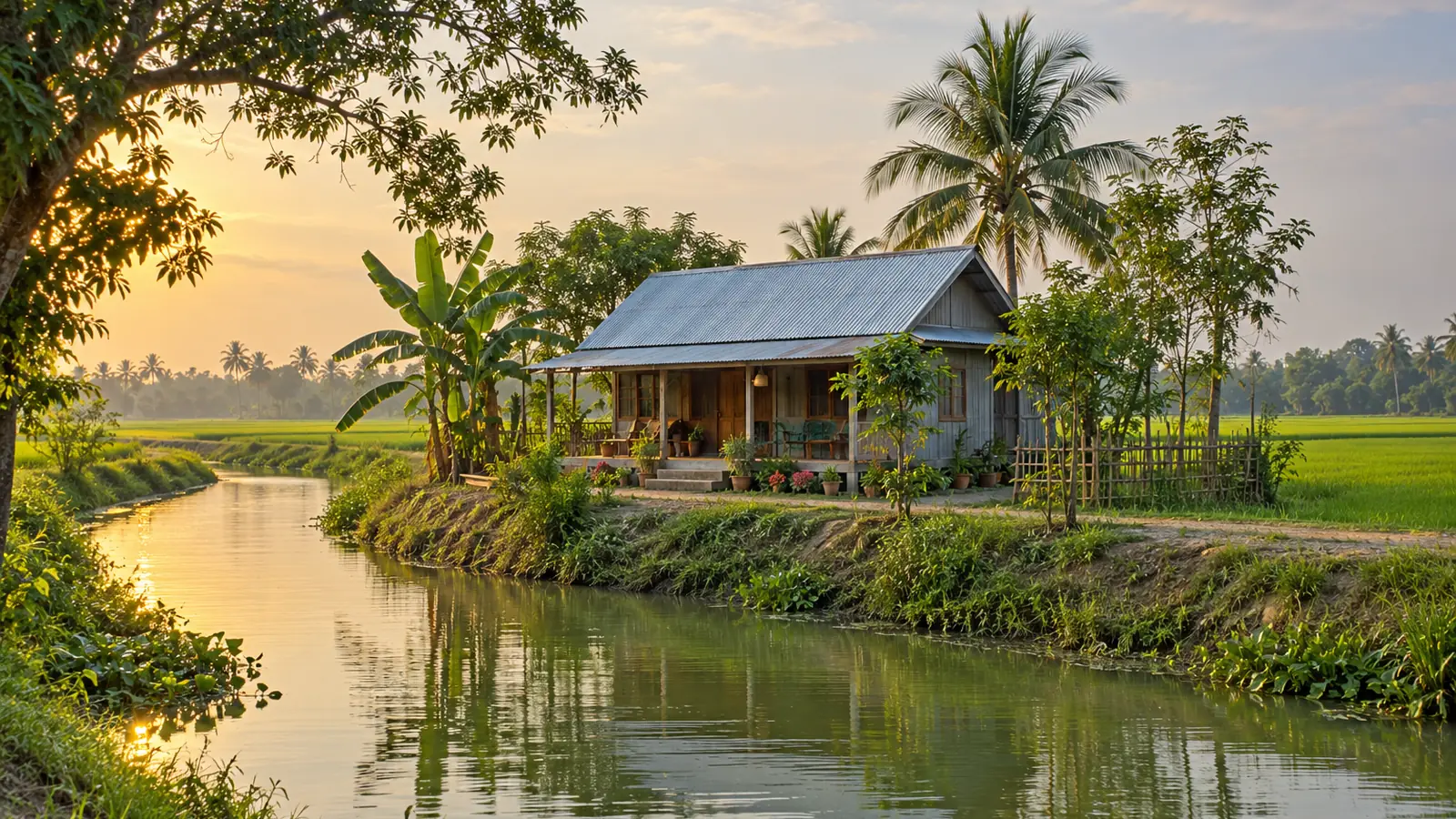 Ilustración realista inspirada en el delta de Bangladés: una pequeña casa de madera con techo de chapa junto a un canal, arrozales verdes y palmeras bajo una luz cálida.