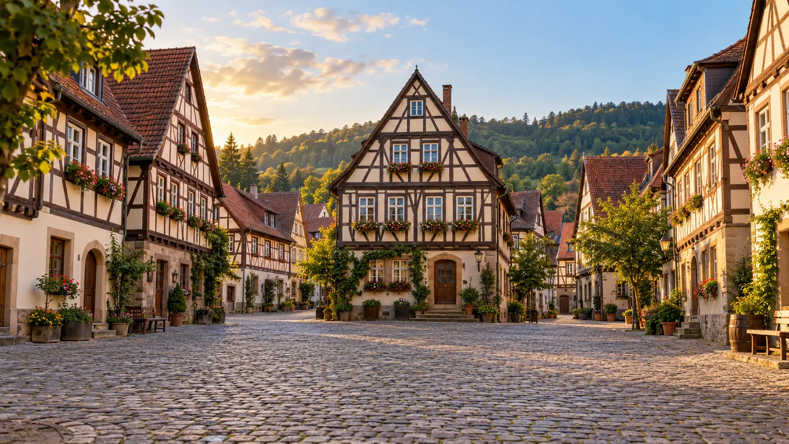 Fotorealistische Illustration eines gepflasterten Platzes mit Fachwerkhäusern in Deutschland.