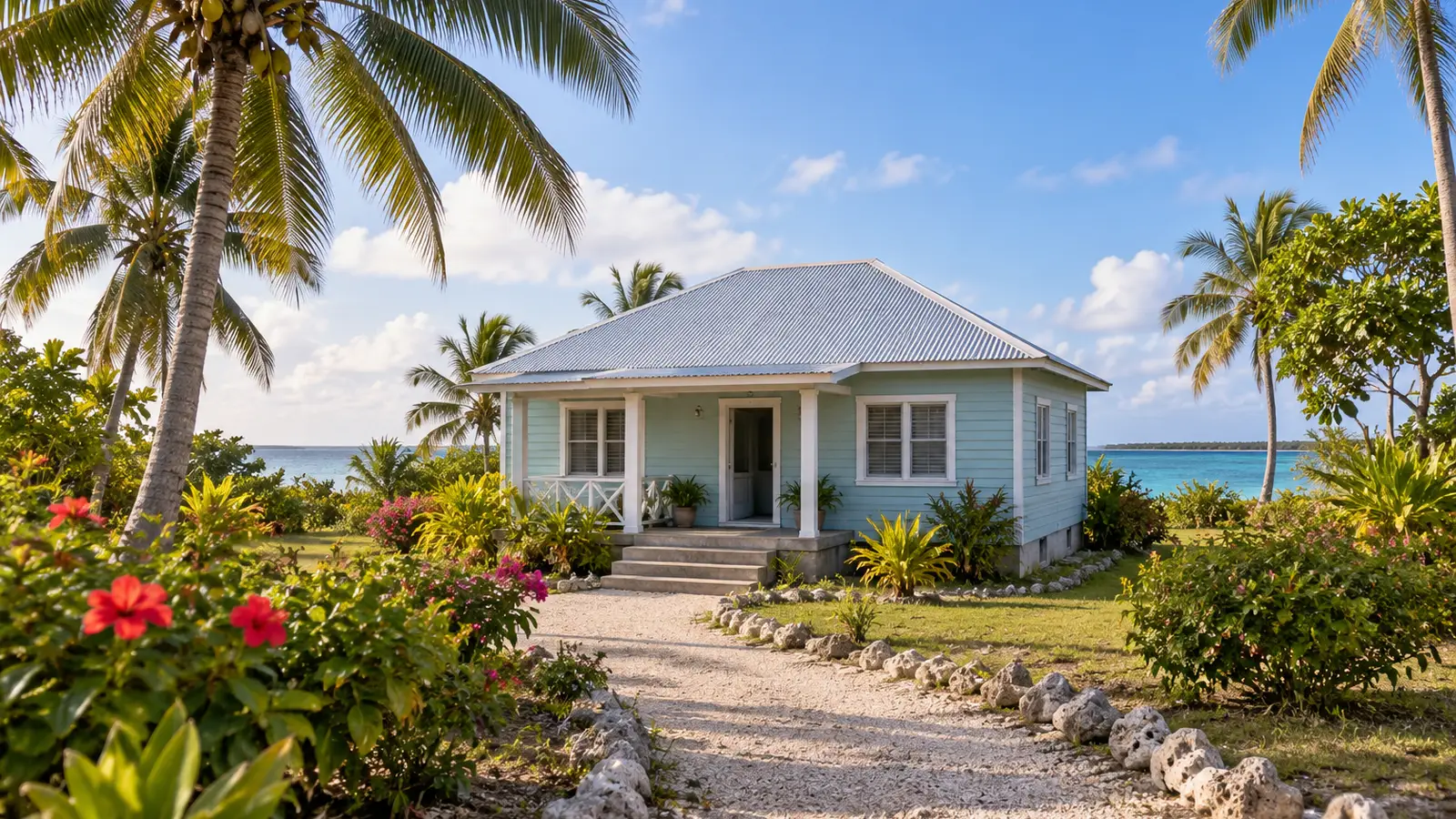 Illustrazione in stile fotografico ispirata a Tonga: una casa in legno azzurro pallido con tetto in metallo grigio, giardino tropicale fiorito, sentiero di pietra chiara e acqua costiera blu sullo sfondo.