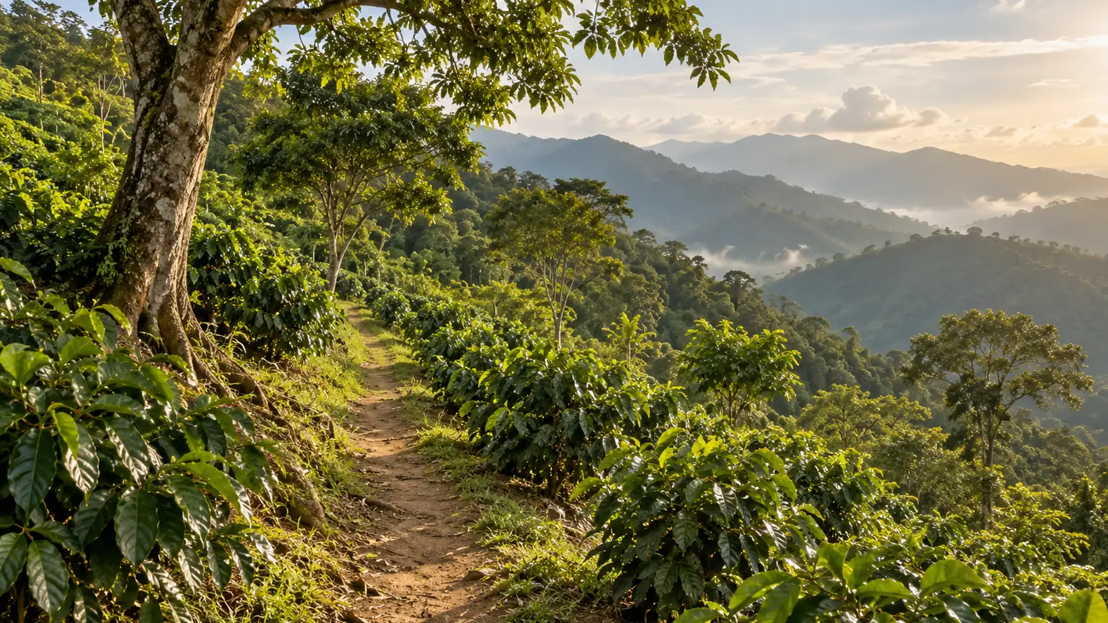Illustrazione in stile fotografico ispirata alle Blue Mountains della Giamaica: un sentiero di terra attraverso verdi pendii, piante di caffè basse e un albero a foglia larga, con creste sfumate in lontananza.