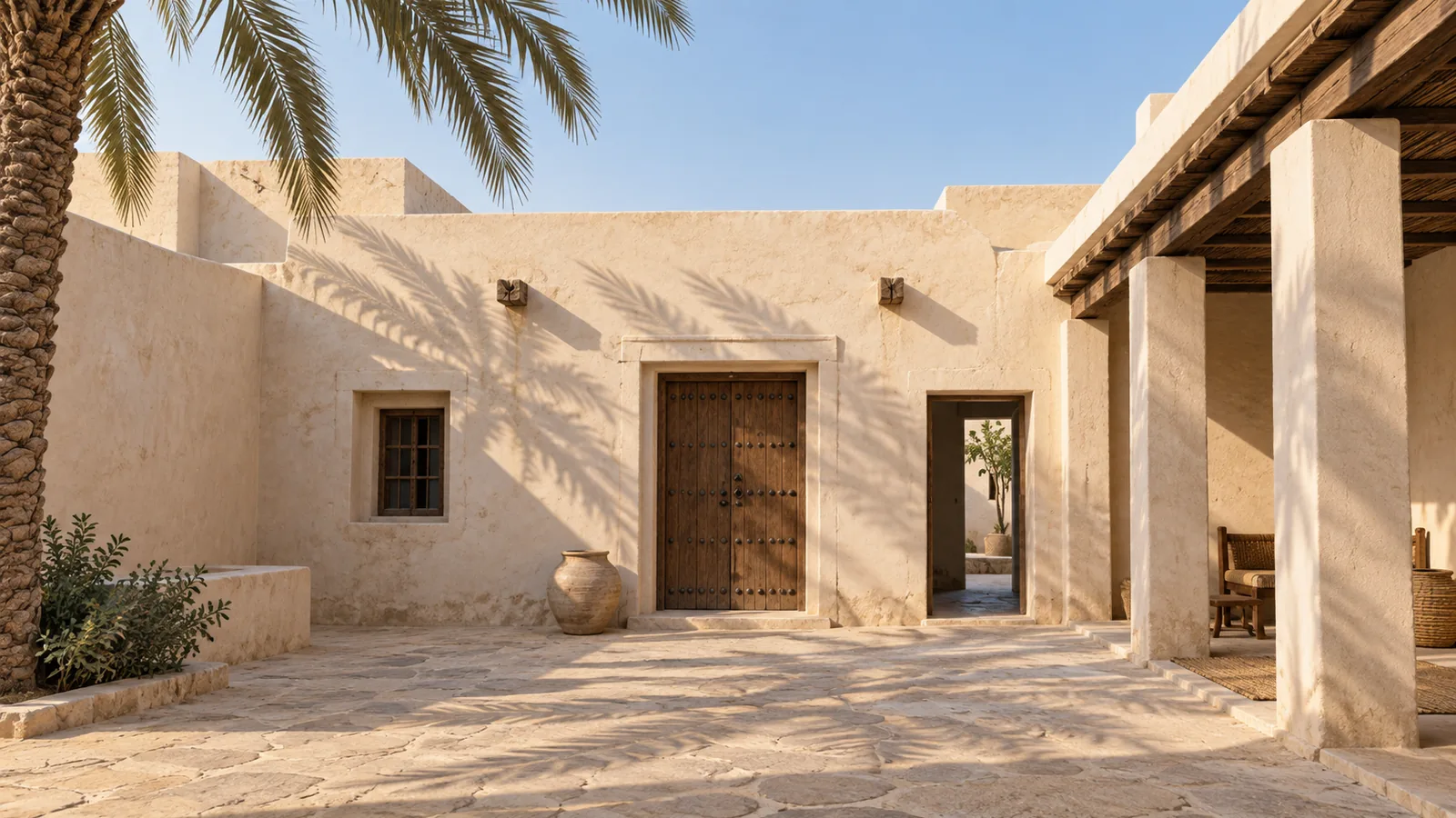 رسم شبه واقعي مستوحى من العمارة الكويتية: بيت منخفض ذو فناء، بلون فاتح، مع باب خشبي وظلال النخيل تحت ضوء دافئ.