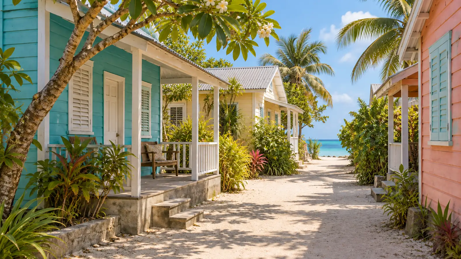Illustrazione in stile fotografico ispirata a Caye Caulker: un vicolo sabbioso, modeste case in legno dipinte con verande, rami frondosi e uno scorcio di acqua blu in luce calda.