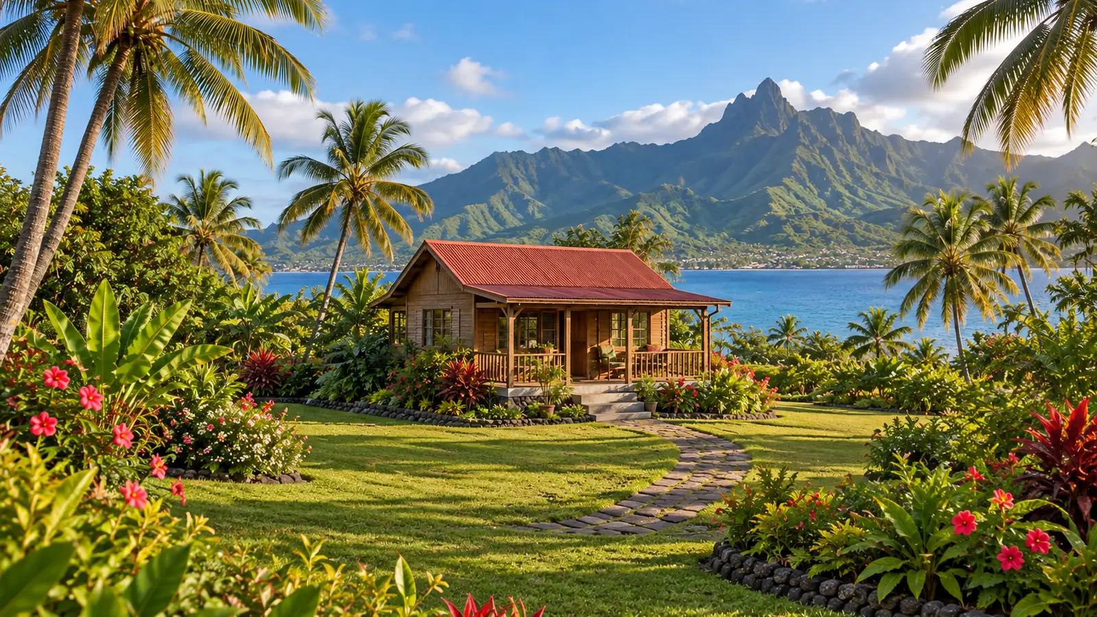 Fotorealistische Illustration, inspiriert von Tahiti in Französisch-Polynesien: ein Holzhaus mit rotem Satteldach, tropischem Garten und Steinweg vor blauem Wasser und einem grünen Vulkanrücken.