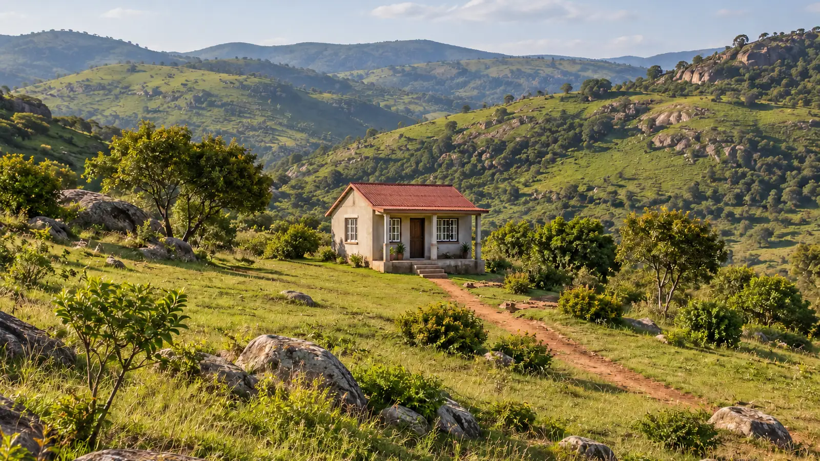 Photo-like illustration inspired by Eswatini: a small plastered cottage with a rust-red metal gable roof, white window frames, a veranda with square columns and steps, a dirt path, gray boulders, shrubs and green hills.