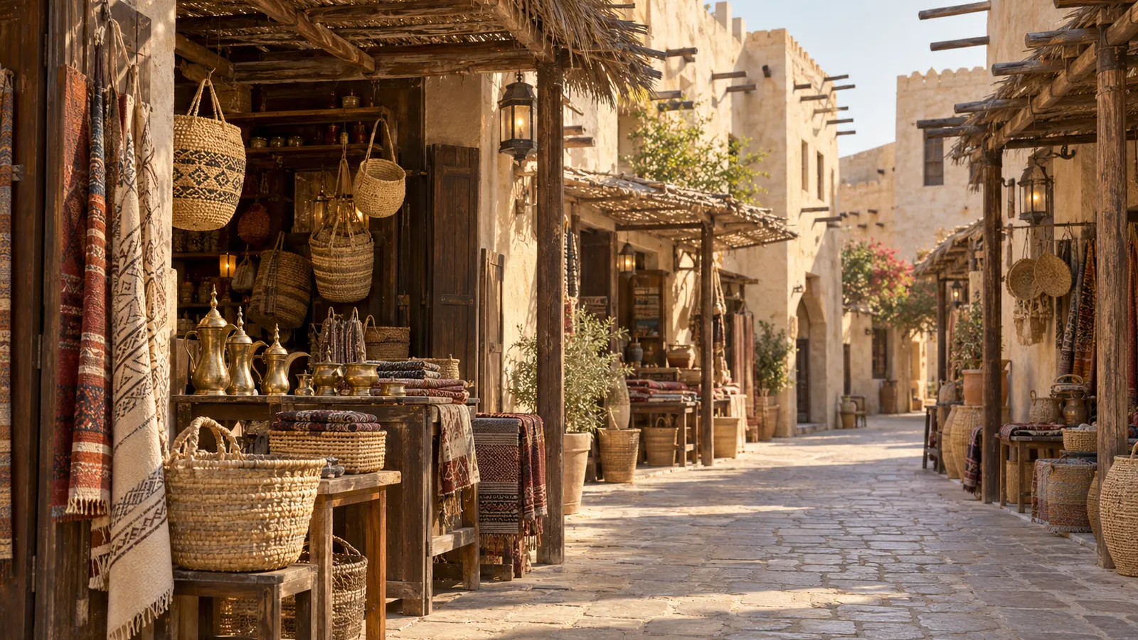 Fotorealistische Illustration nach dem Vorbild von Dohas traditionellen Märkten: eine steingepflasterte Gasse zwischen sandfarbenen Läden mit Holz- und Palmendächern, Flechtkörben und Textilien im warmen Licht.