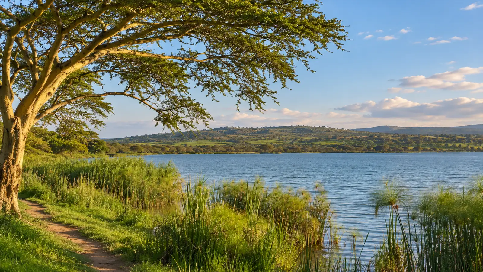 Fotorealistische Illustration nach dem Vorbild des Naivashasees: ein Süßwasserufer mit Papyrus, Schilf, Akazienzweigen und einem Erdpfad durch Gras, vor einem niedrigen grünen Hügelkamm im warmen Licht.