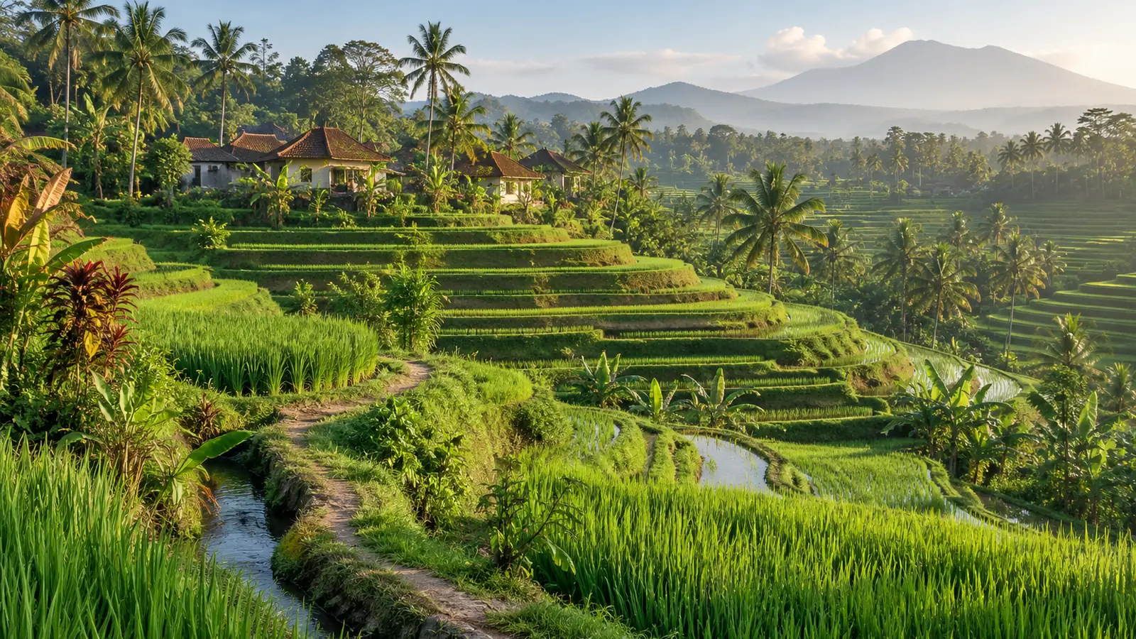 Photo-like illustration inspired by Bali: green rice terraces, a footpath beside an irrigation channel, palms, and village houses with clay-tile roofs in warm light.