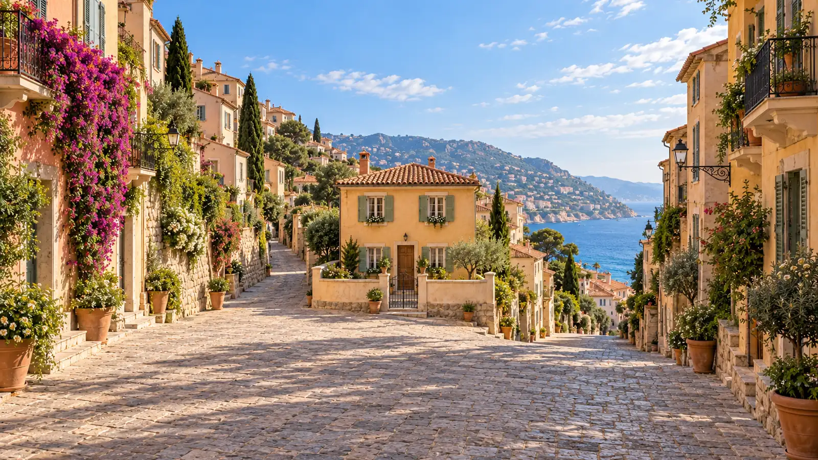 Illustrazione in stile fotografico ispirata a Monaco: una piccola casa color ocra con persiane verdi e tetto di tegole, un cortile recintato e un cancello di ferro, vicoli di pietra, facciate pastello e un scorcio di mare blu sullo sfondo.