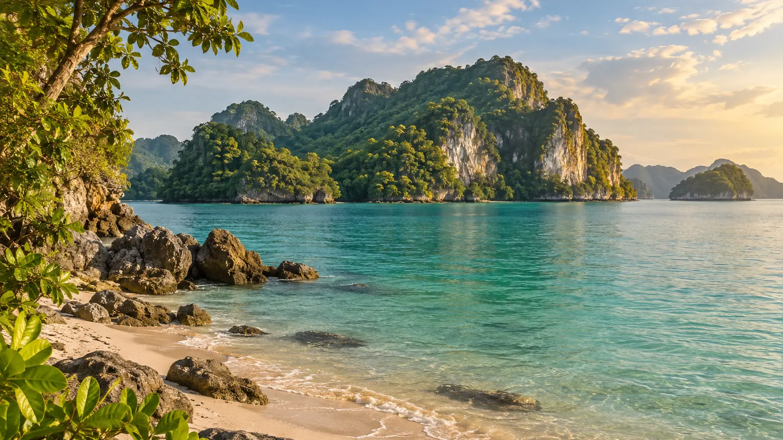 Illustrazione in stile fotografico ispirata a Langkawi: una riva sabbiosa con rocce, acqua turchese e scogliere di calcare coperte di foresta in una luce calda.