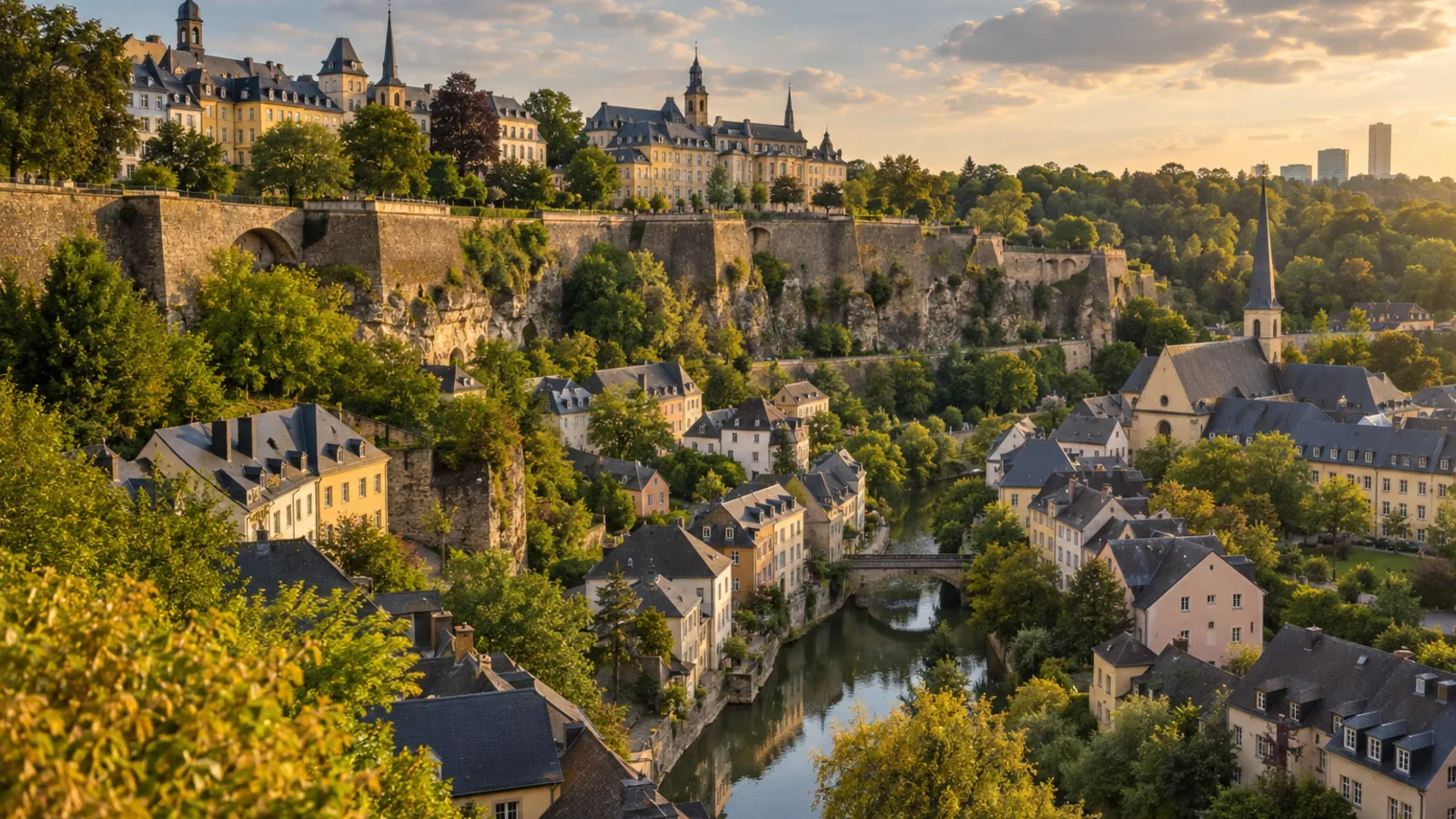 Ilustración del casco antiguo de Luxemburgo sobre el valle del Alzette al atardecer.