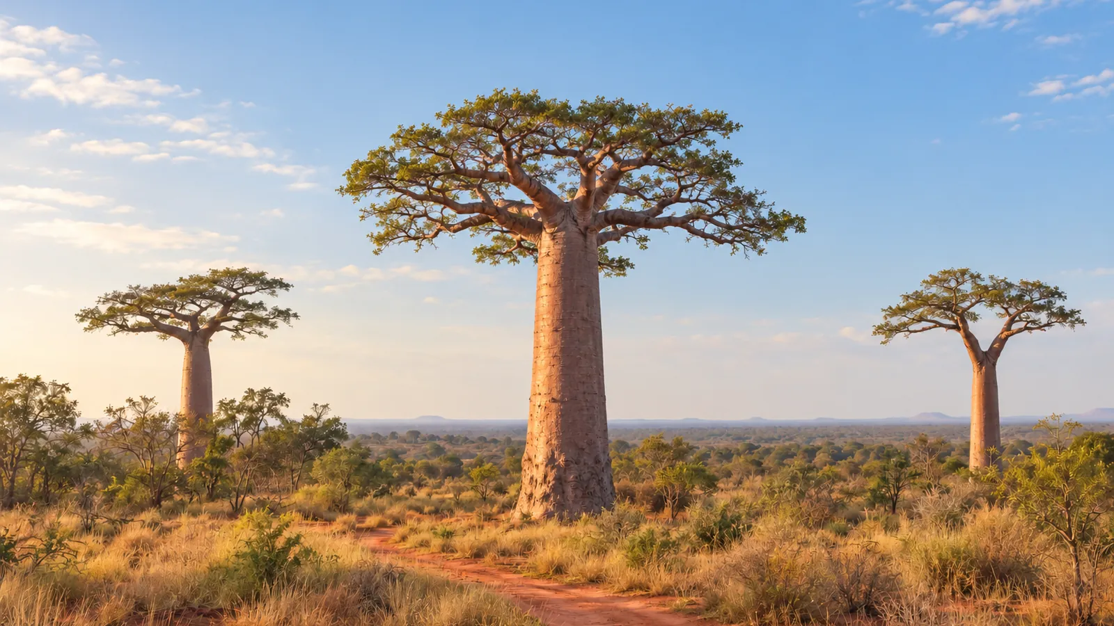 Fotorealistische Illustration nach dem Vorbild der Region um Morondava: ein hoher Baobab mit breiter Krone über niedrigen Gräsern und einem rötlichen Erdweg im warmen Tageslicht.